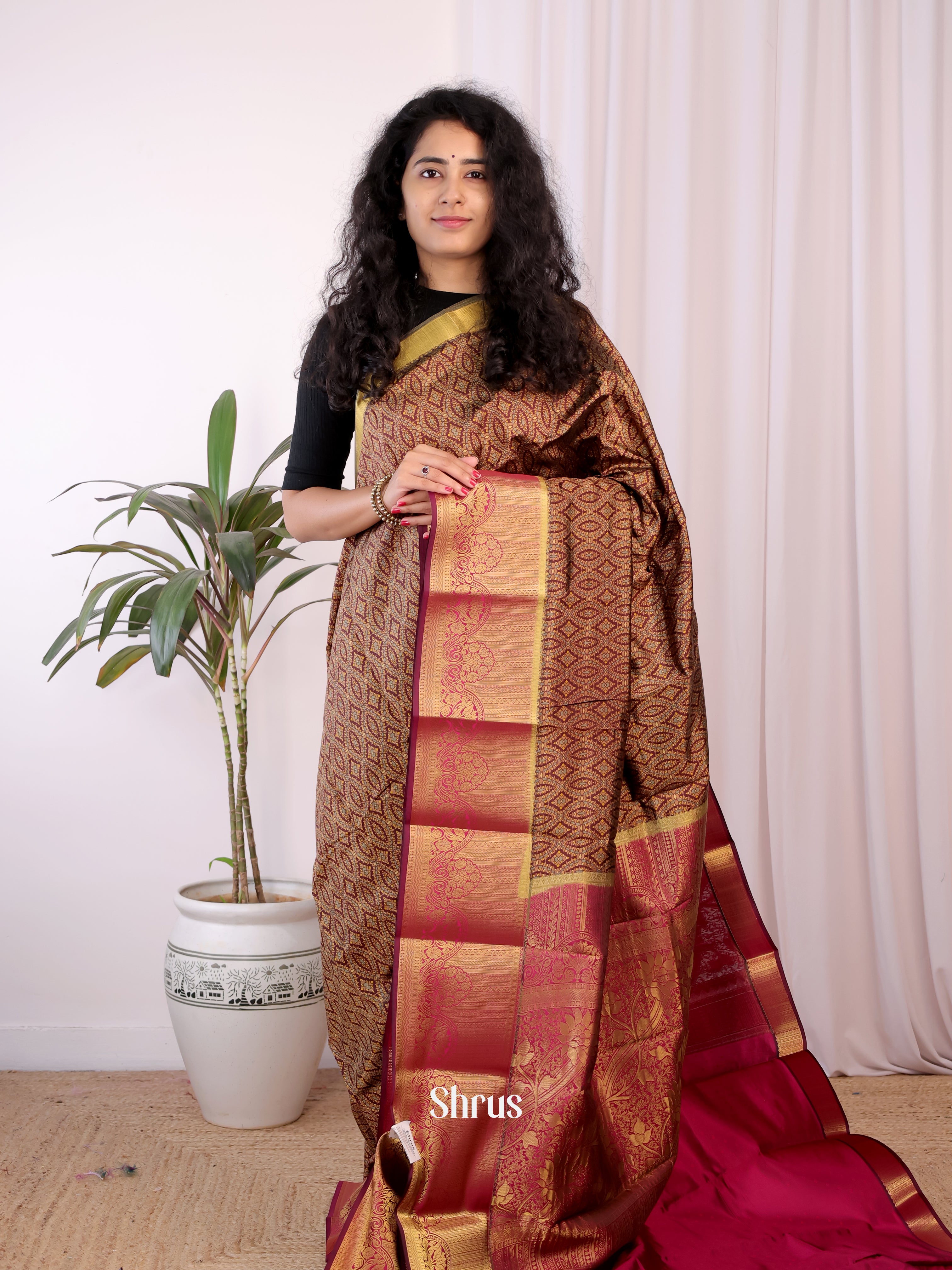 Brown & Maroon- Printed Silk Saree