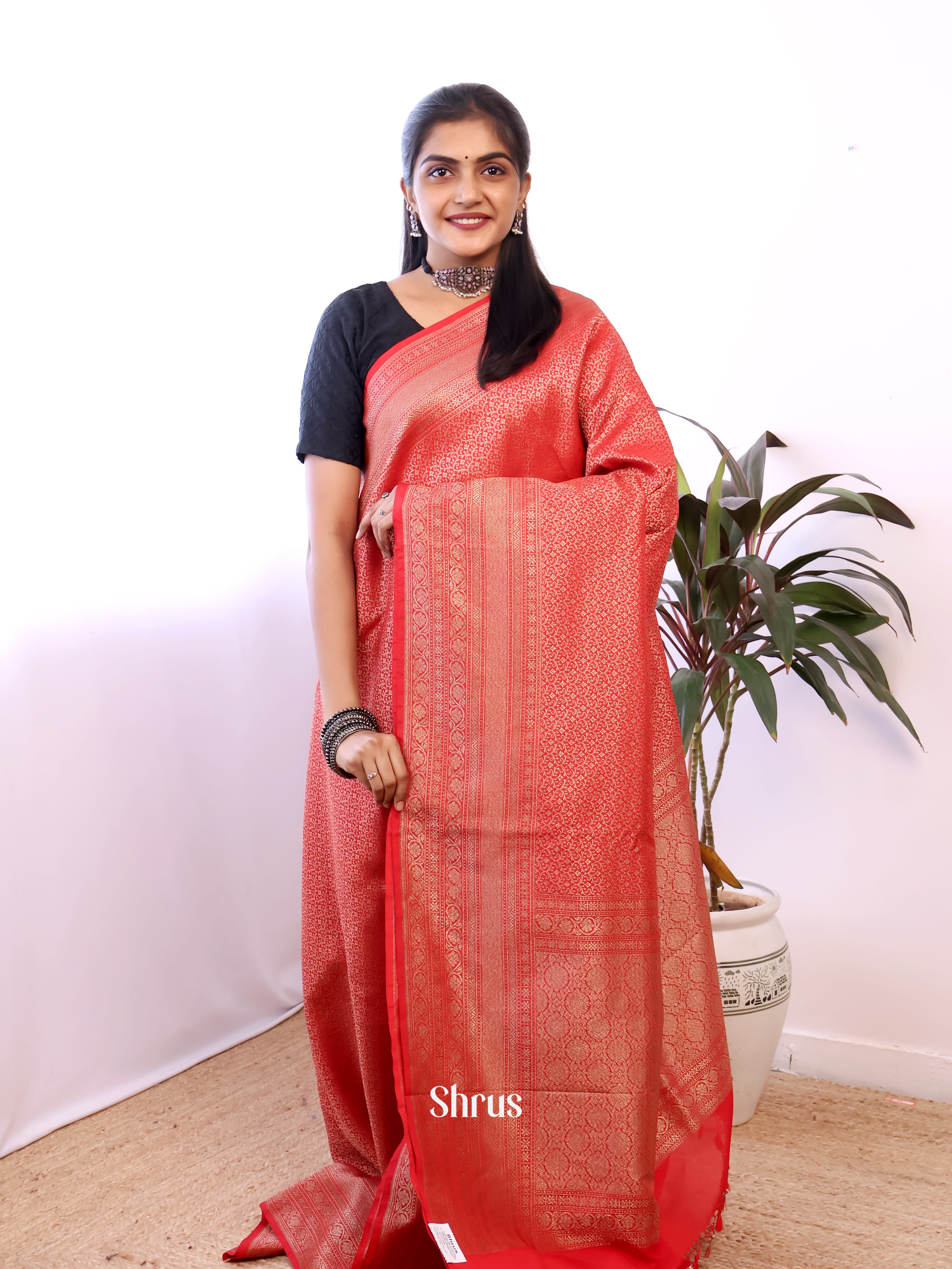 Red - Semi Banarasi Saree