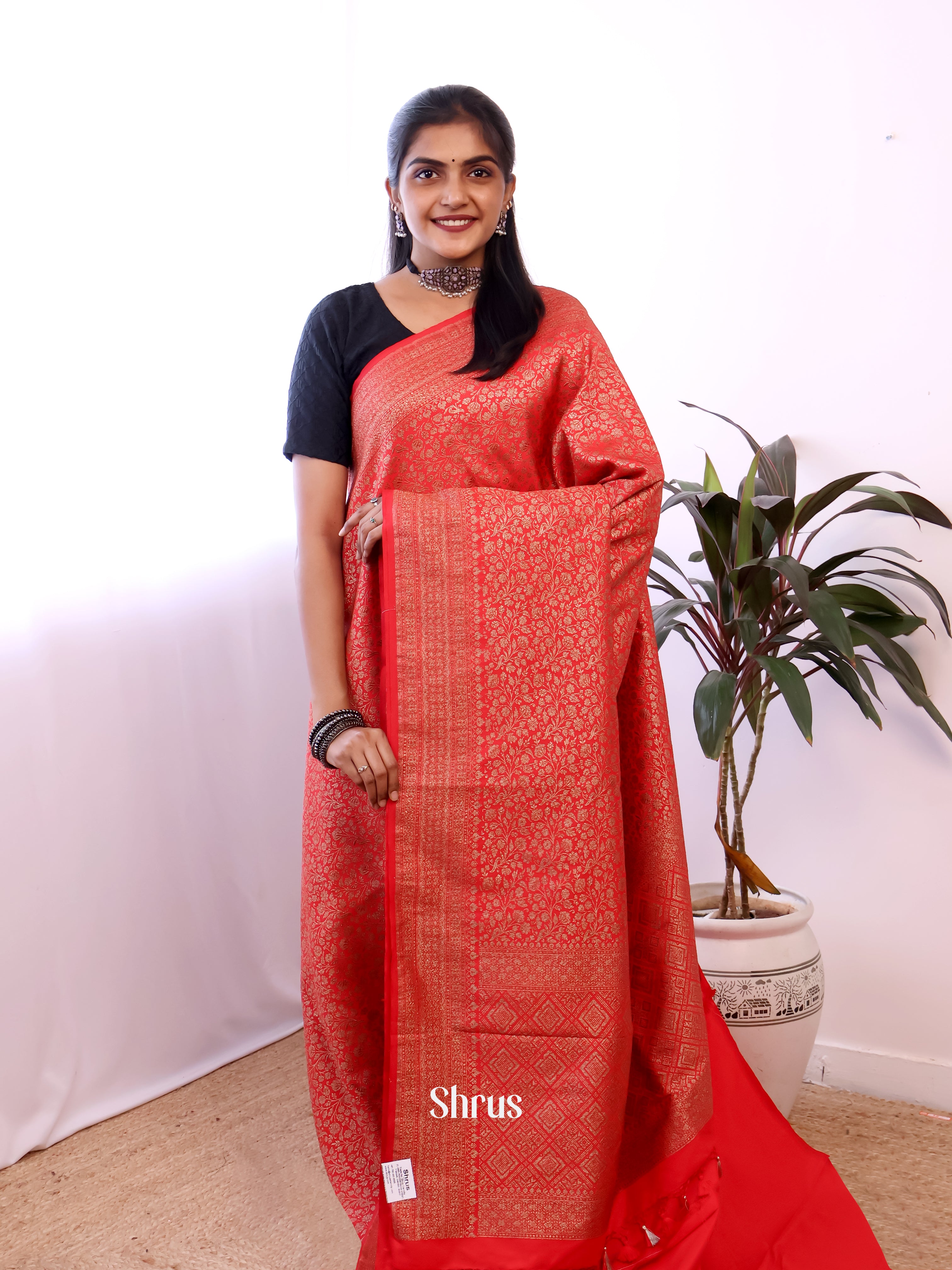 Red - Semi Banarasi Saree