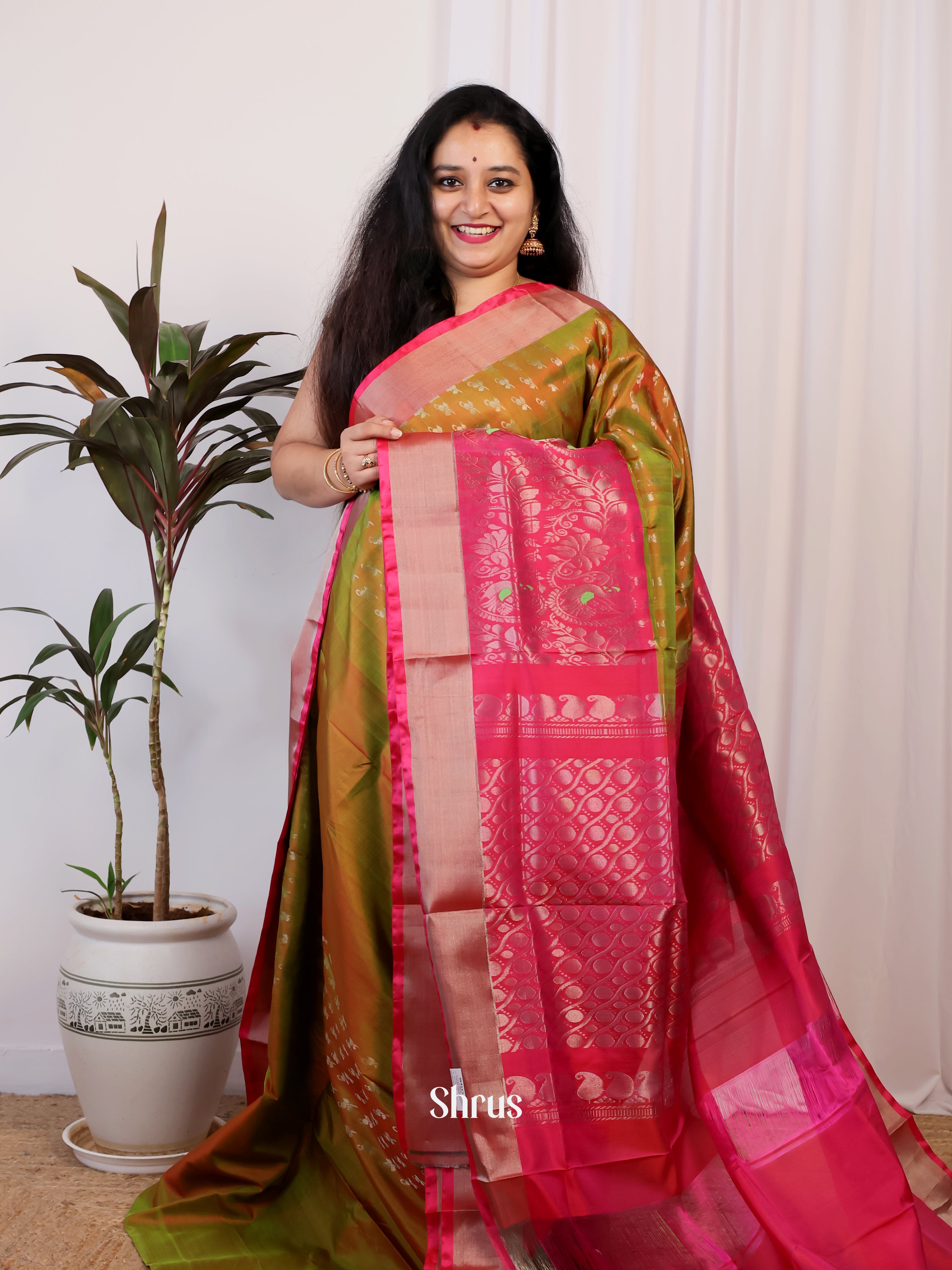 Double Shaded Green & Pink - Uppada silk Saree