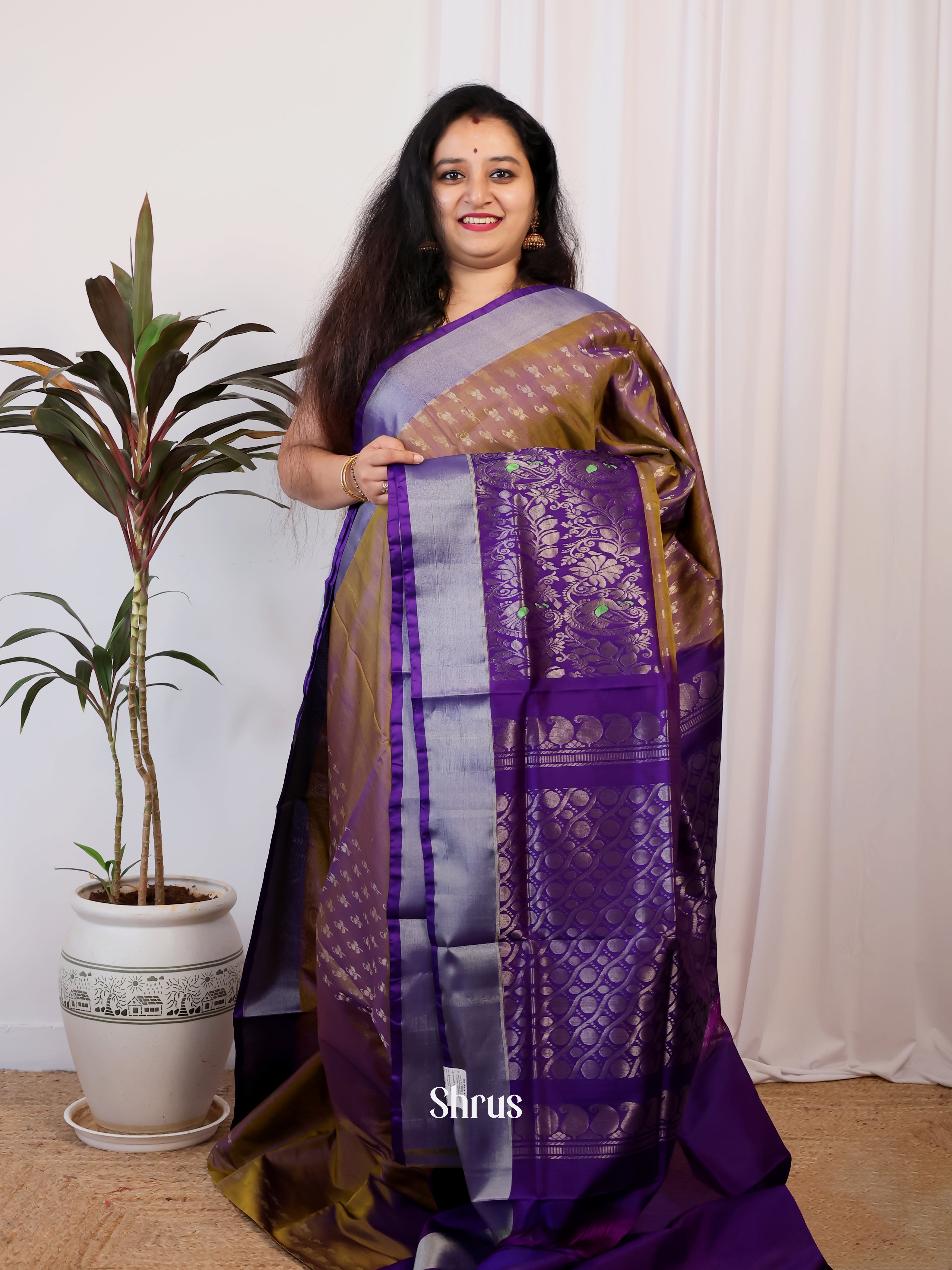 Brown & Violet - Uppada silk Saree