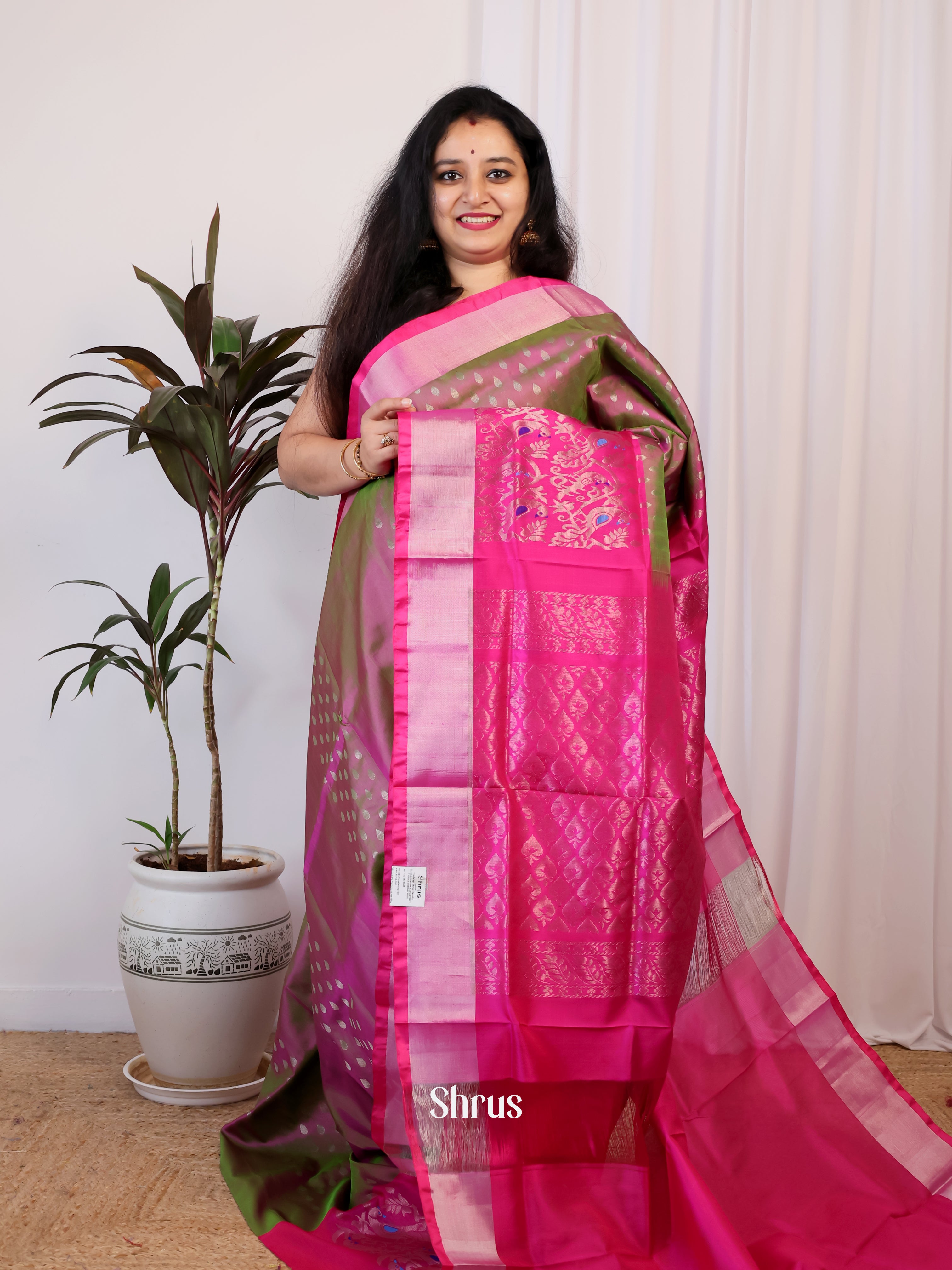 Double Shaded Green & Pink - Uppada silk Saree