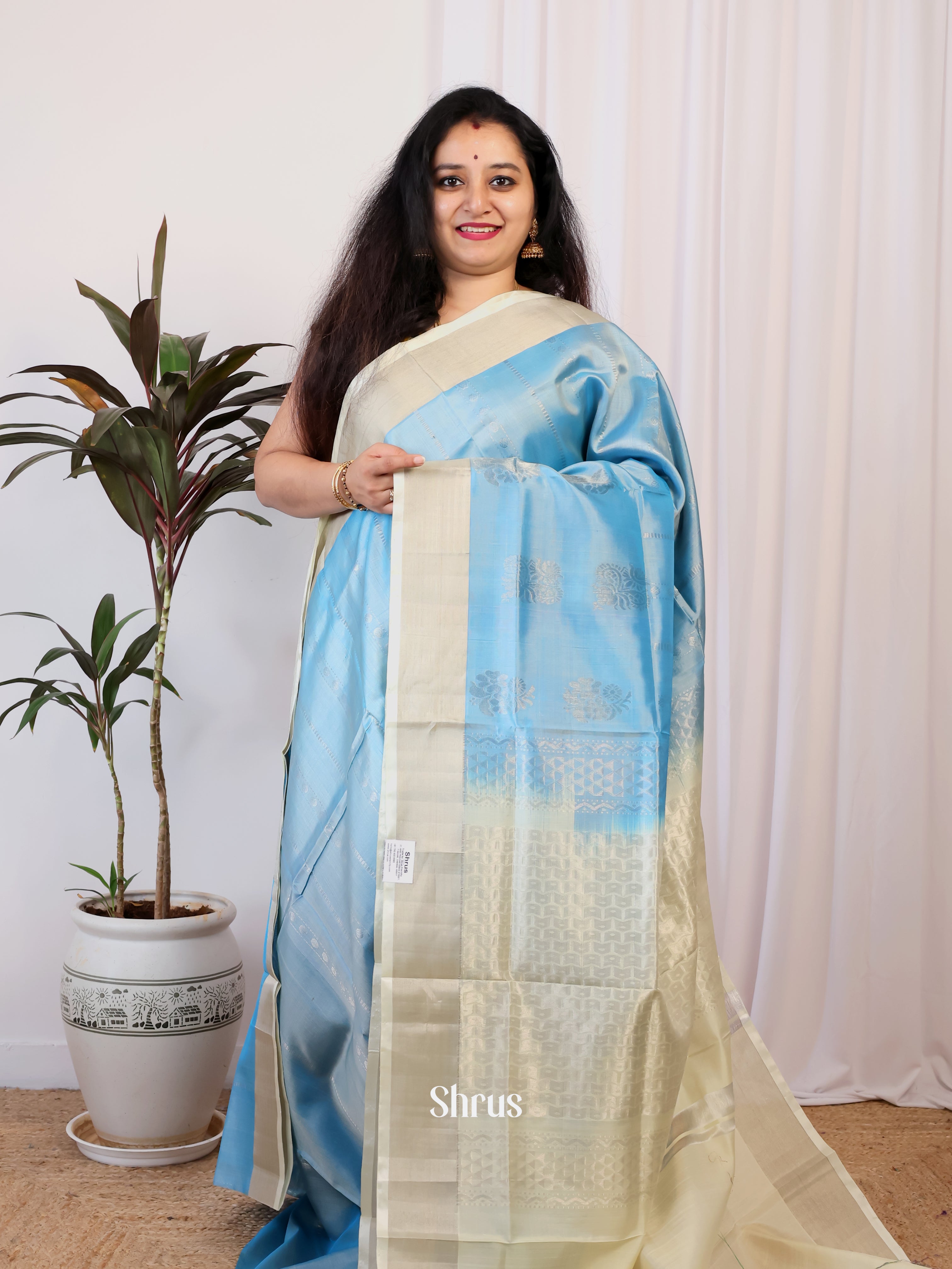 Lite Blue & Cream - Uppada silk Saree