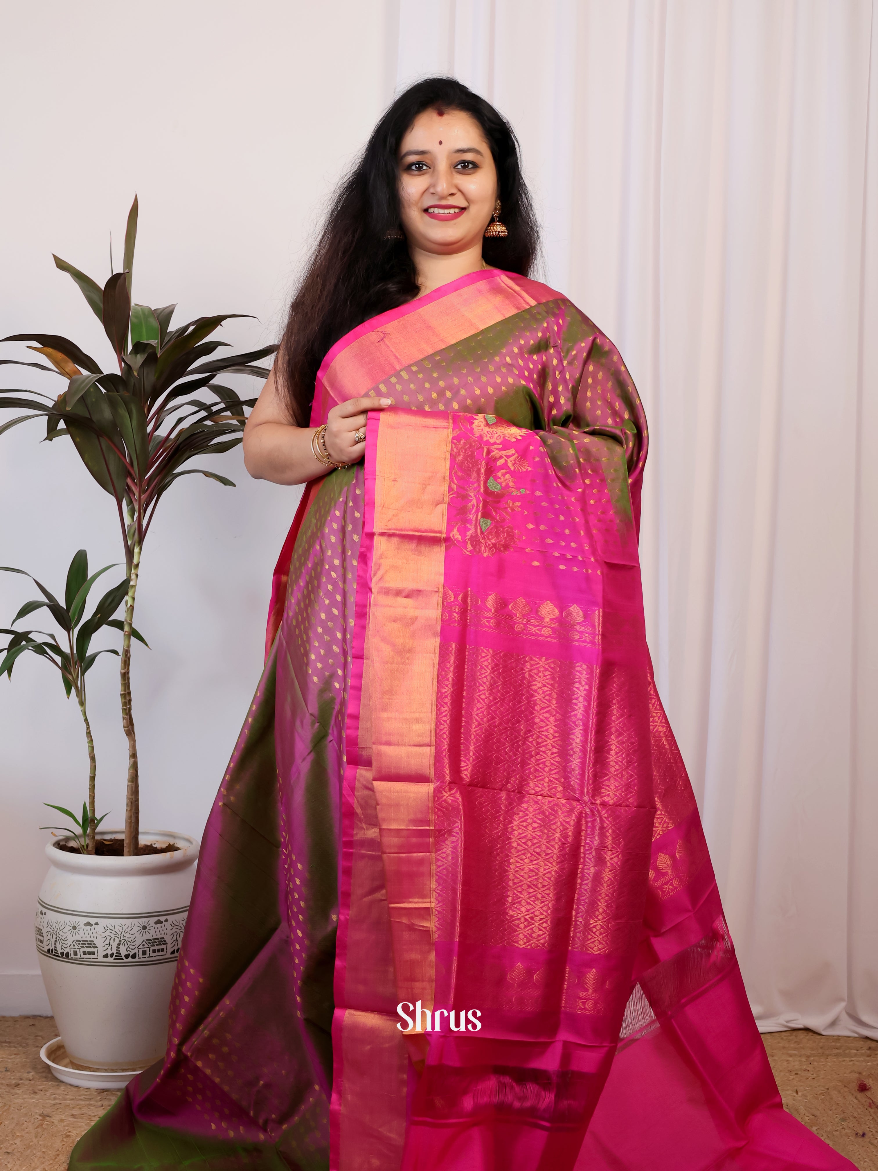 Double Shaded Green & Pink  - Uppada silk Saree