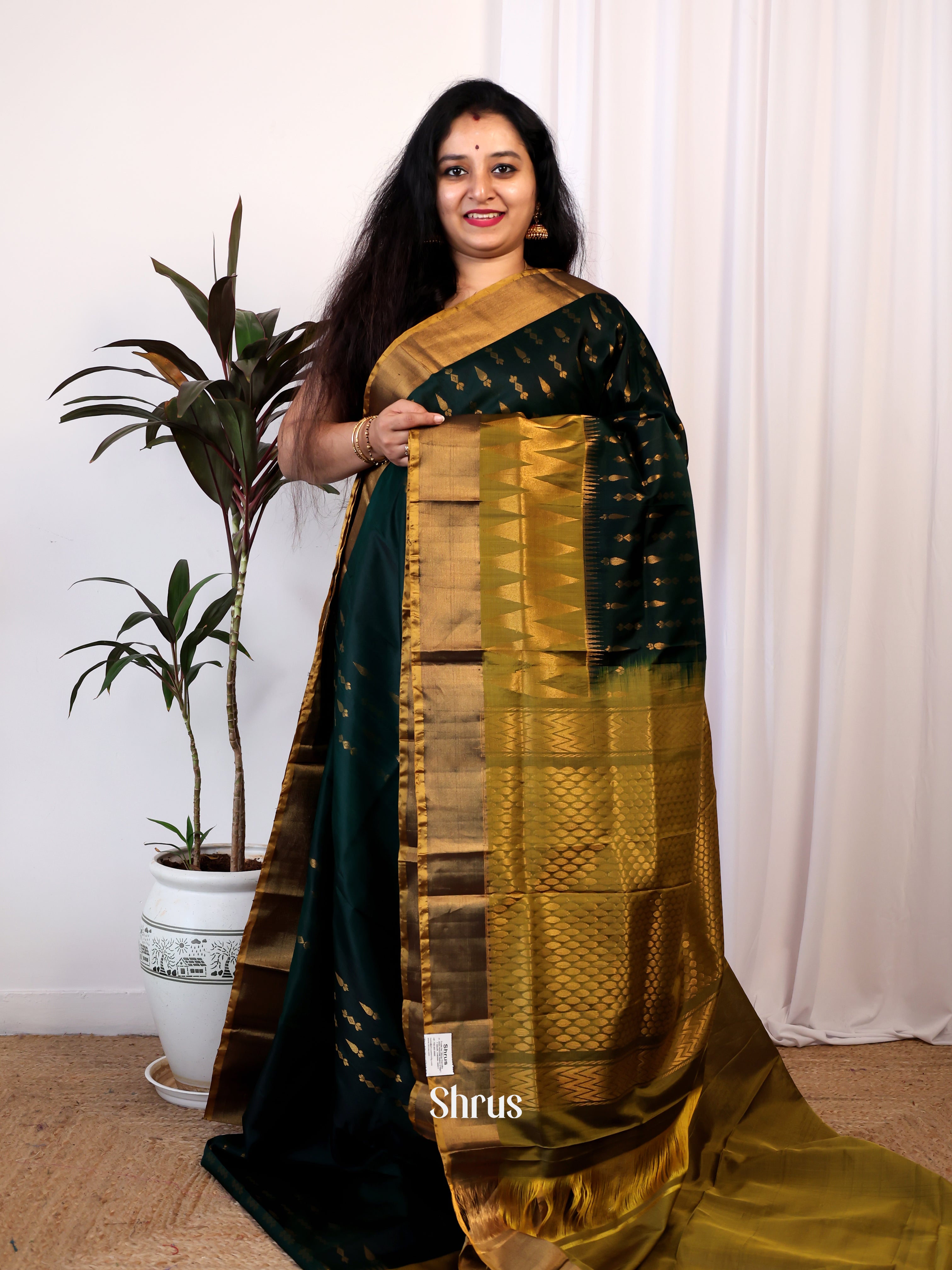 Dark Green & Green - Uppada silk Saree