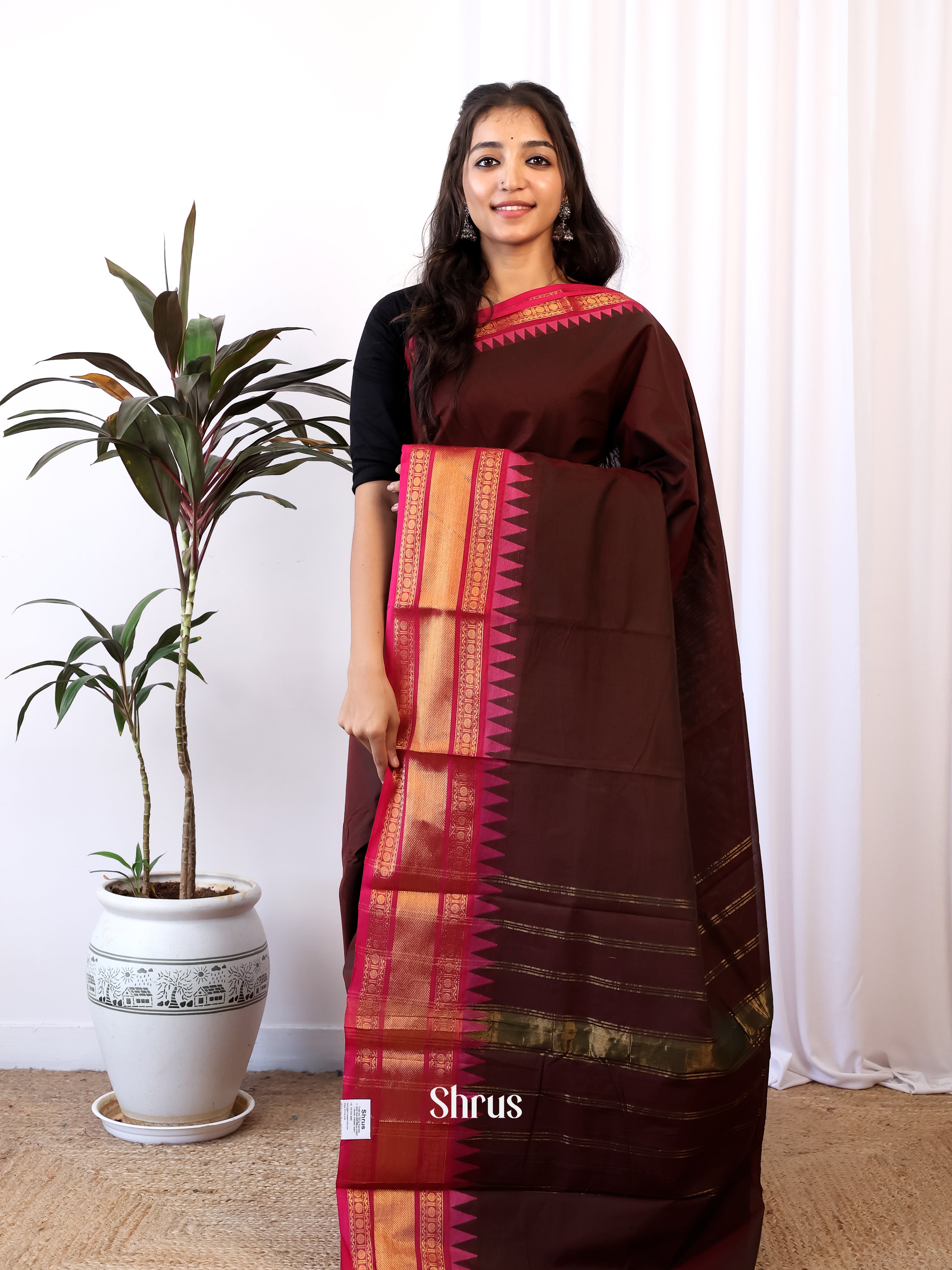 Coffee Brown & Pink - Chettinad Cotton Saree