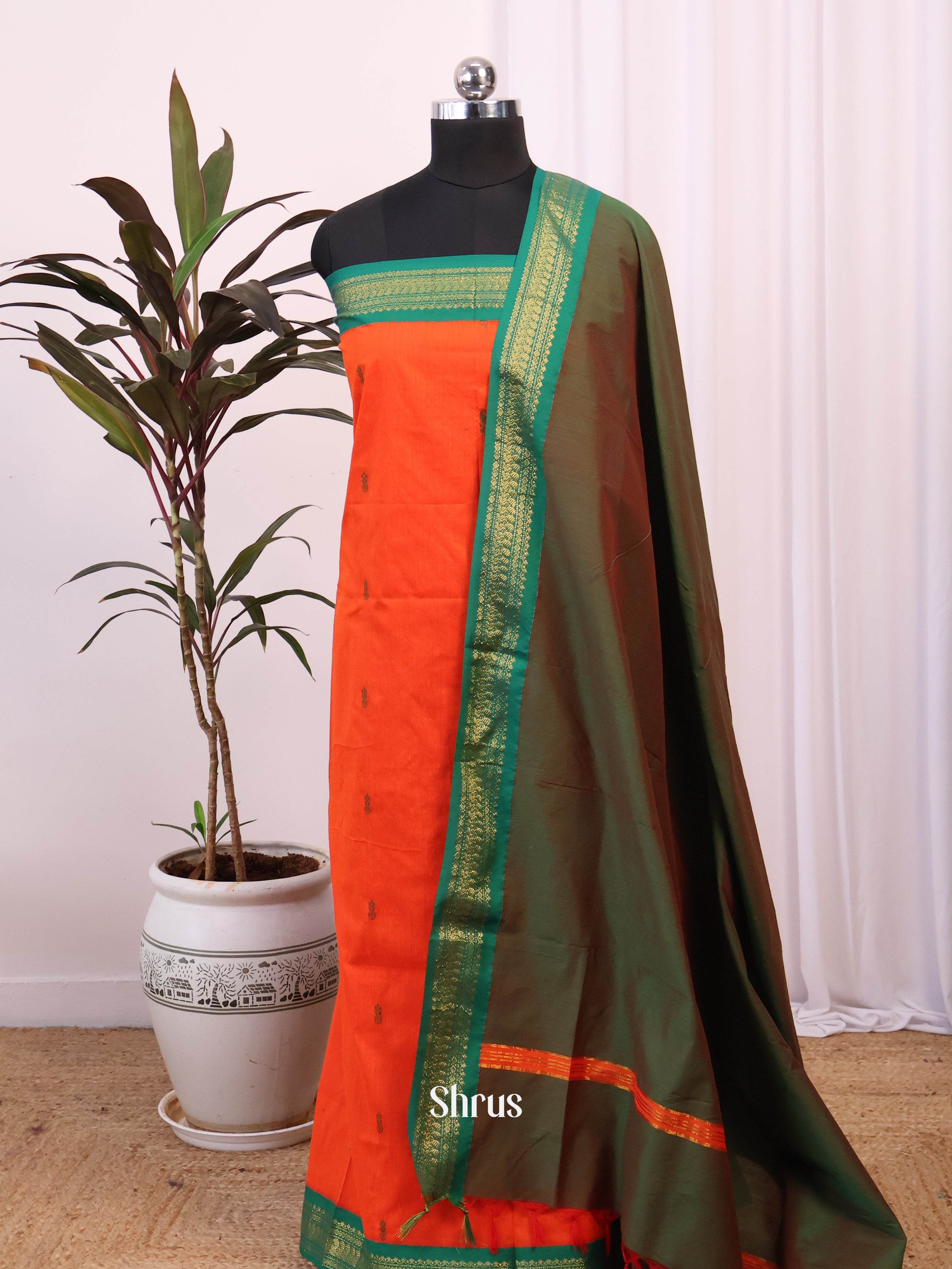 Orange & Green - Kalyani Cotton salwar unstitch