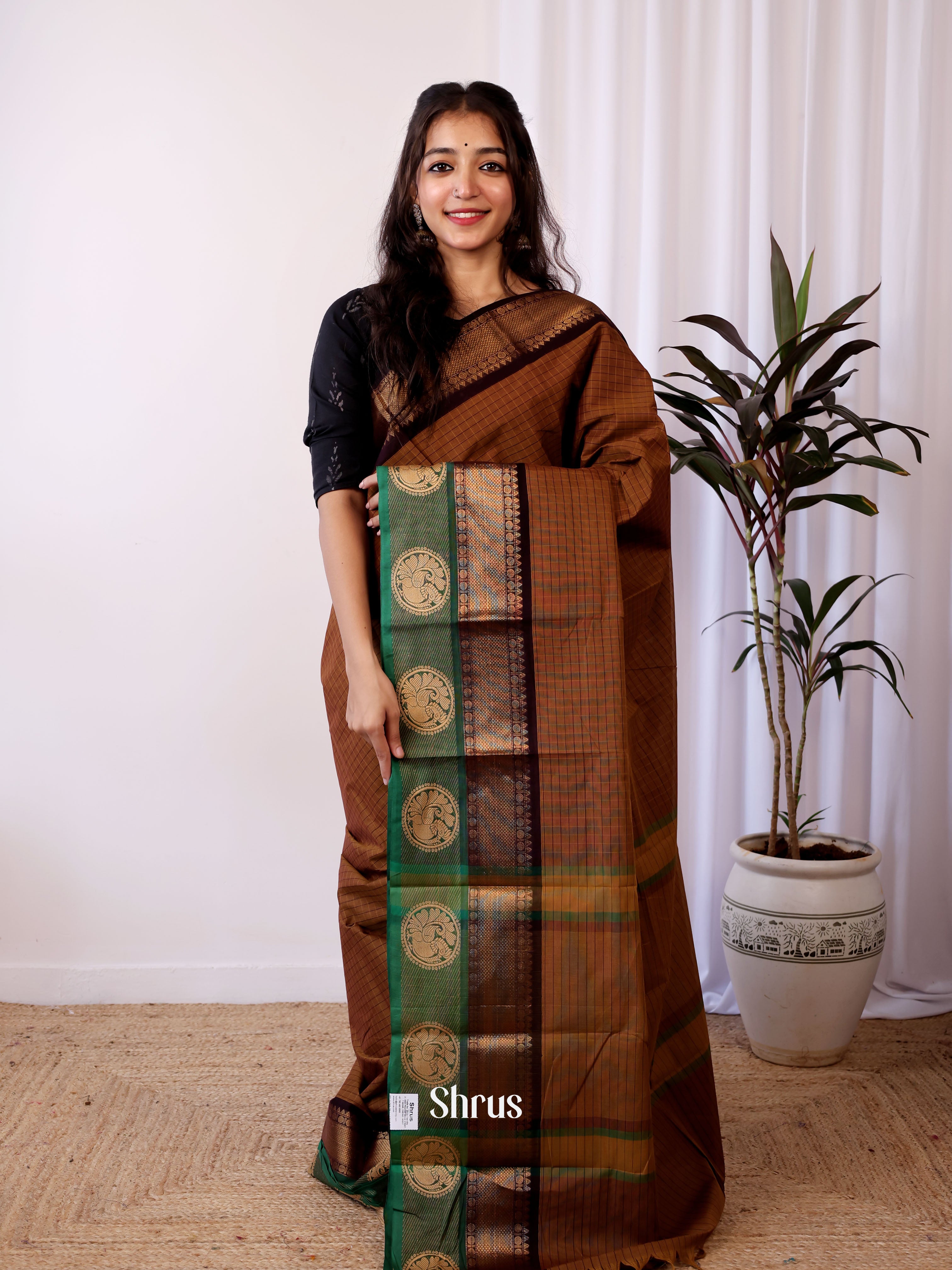 Brown & Green- Chettinad Cotton Saree