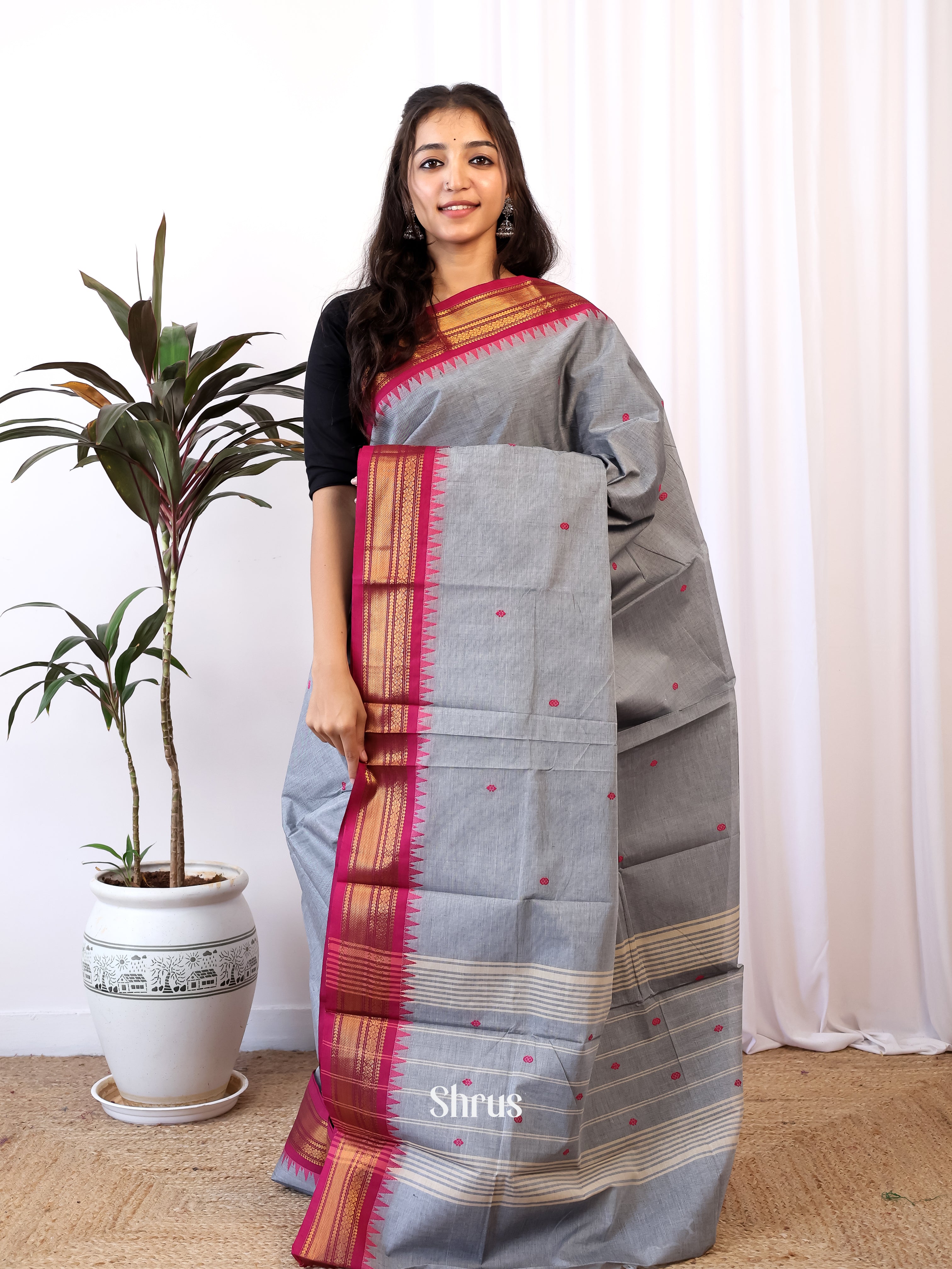 Grey & Maroon - Chettinad Cotton Saree