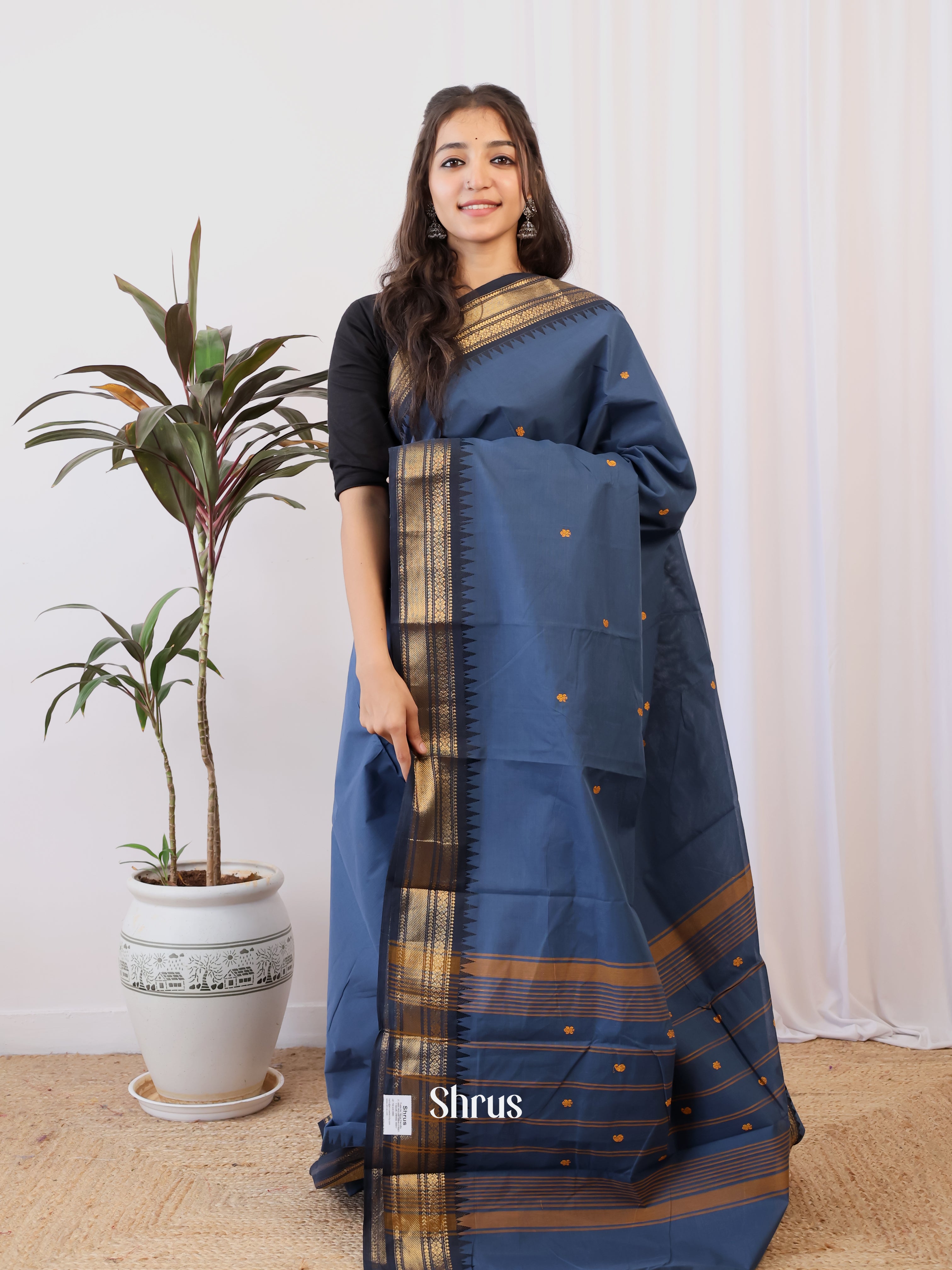 Blue & Black- Chettinad Cotton Saree