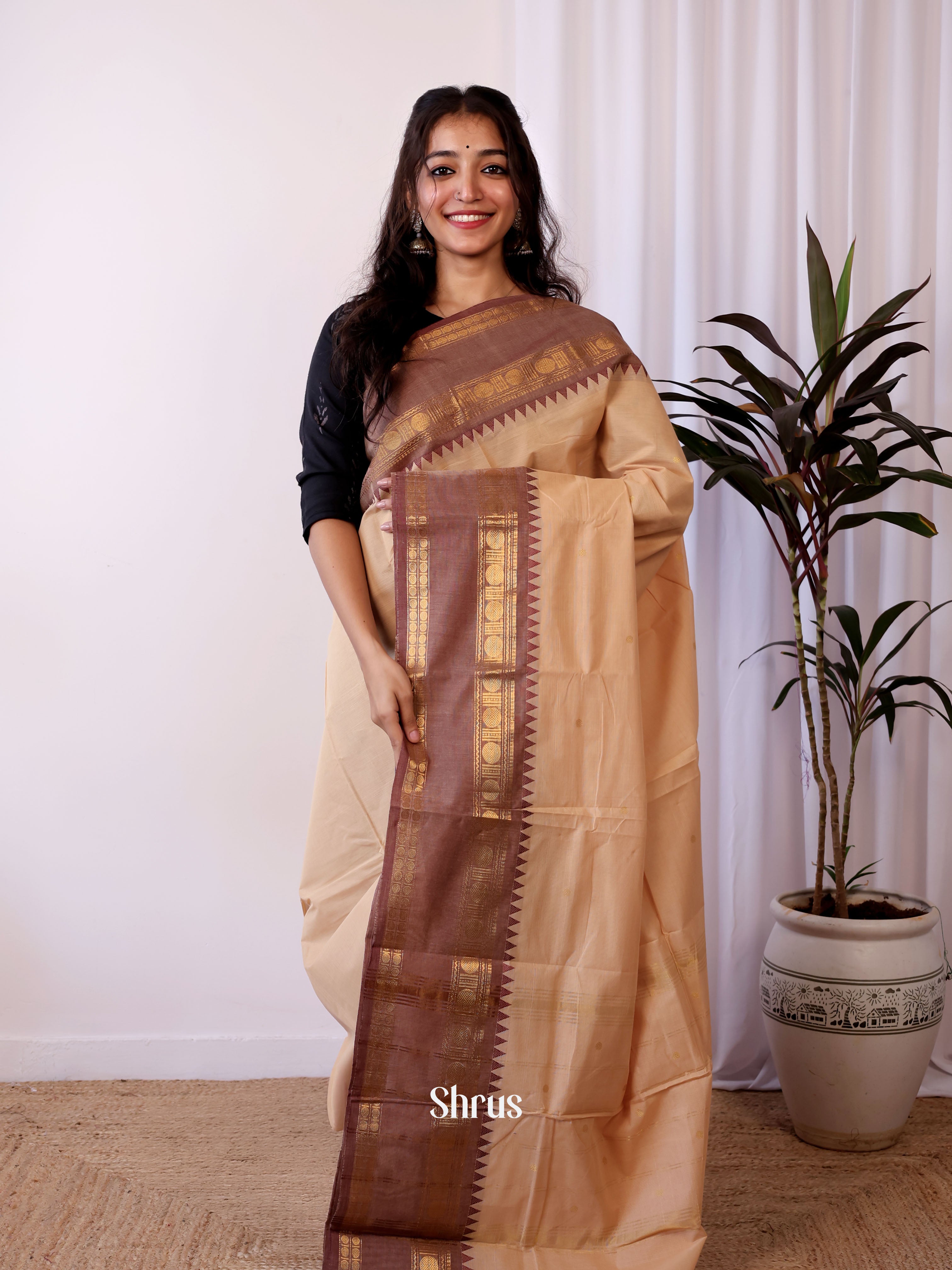 Lite Brown & Brown - Chettinad Cotton Saree