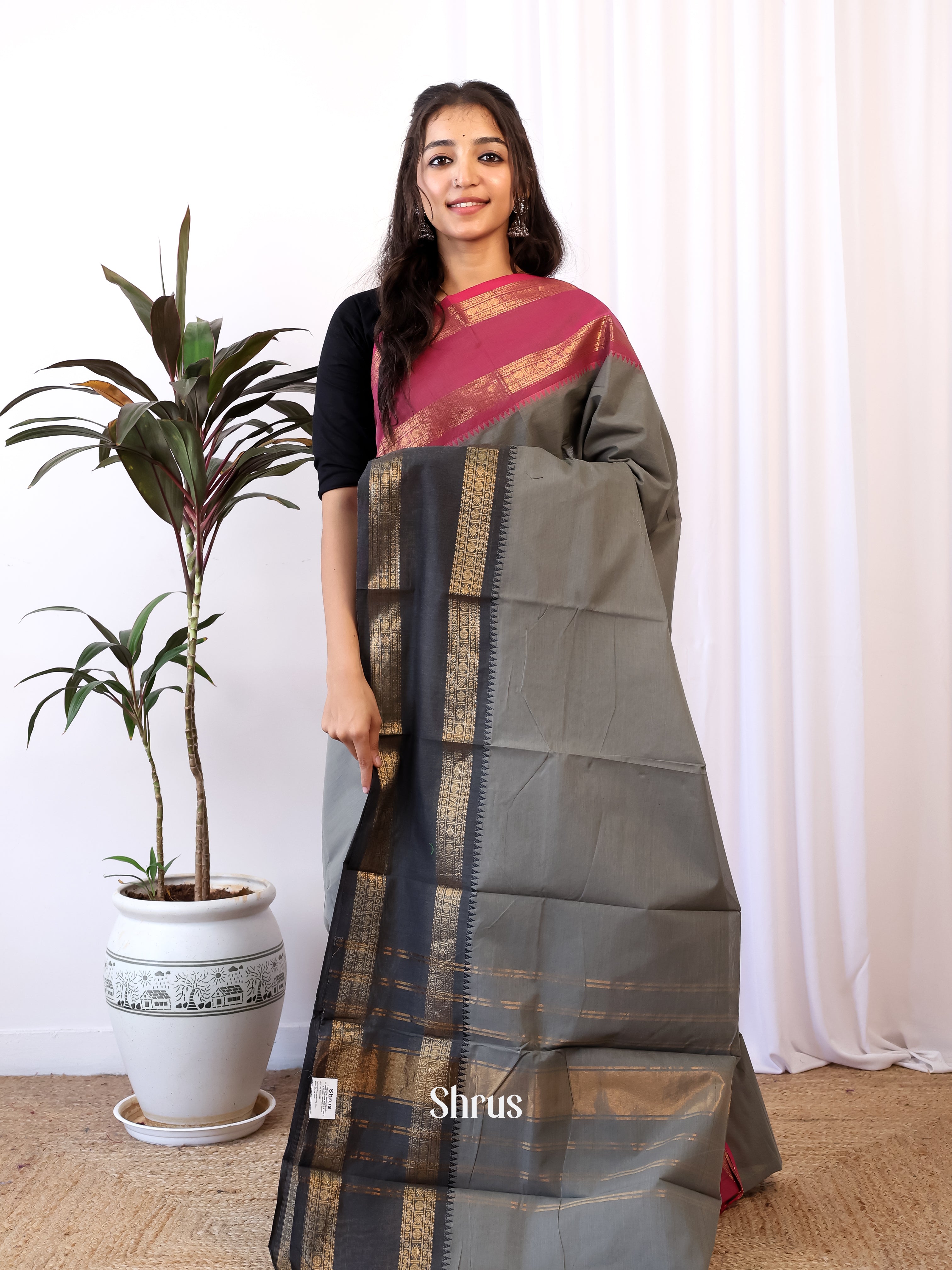 Grey & Red - Chettinad Cotton Saree