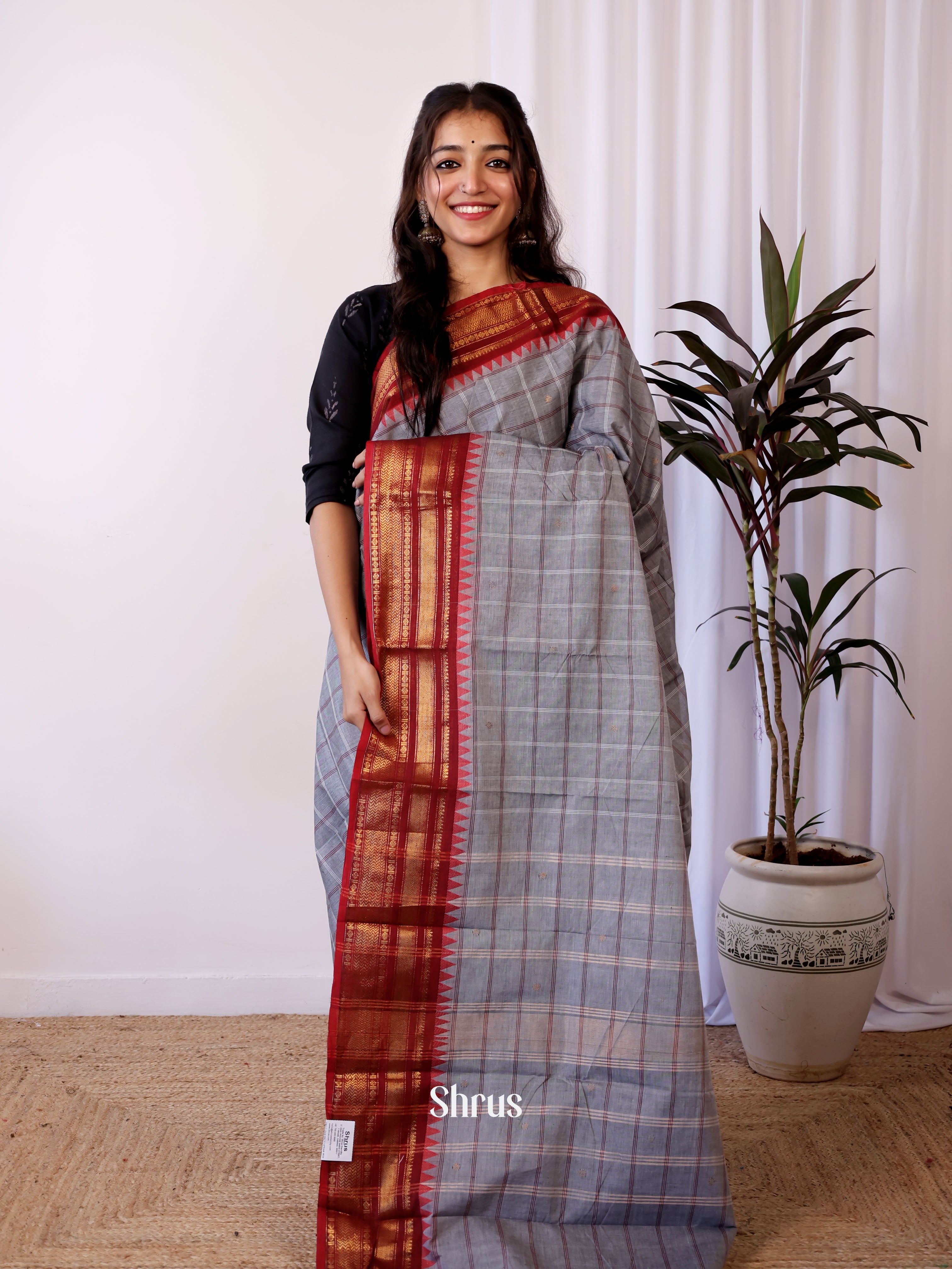 Grey & Maroon- Chettinad Cotton Saree