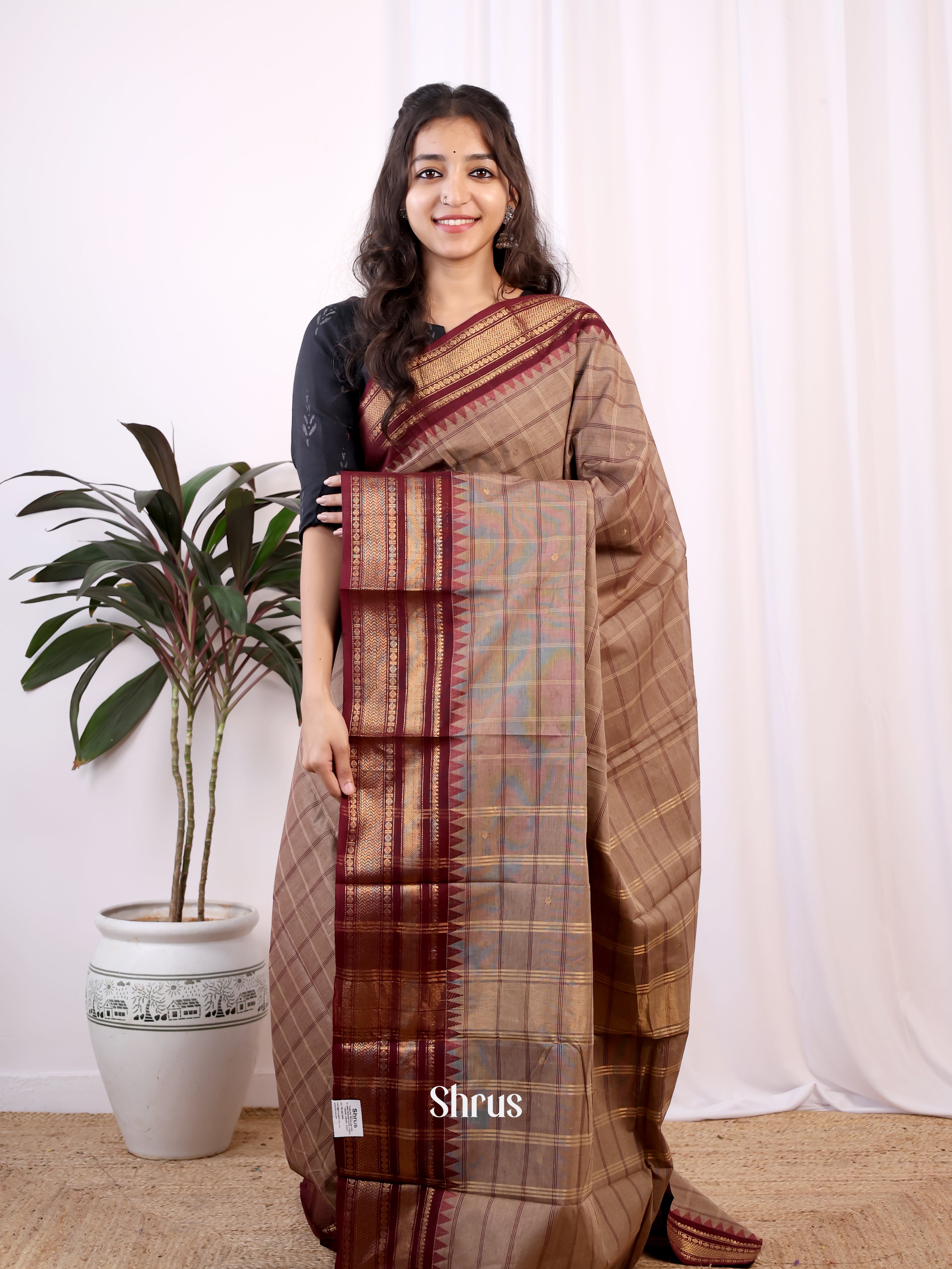 Lite Brown & Brown - Chettinad Cotton Saree