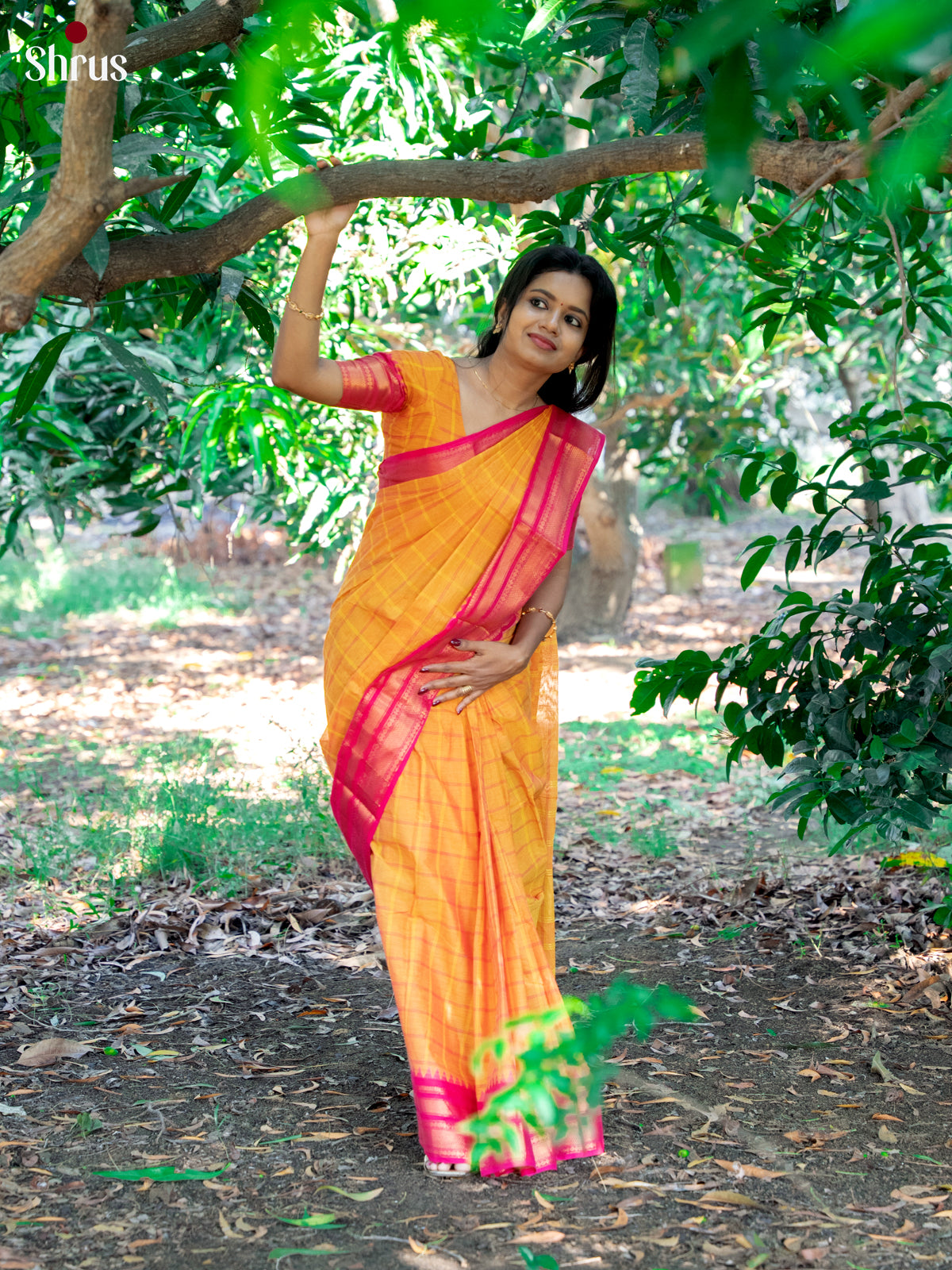 Vibrant Yellow Chettinad Cotton Saree with Pink Checks & Zari Border - Shop on Shrus.com