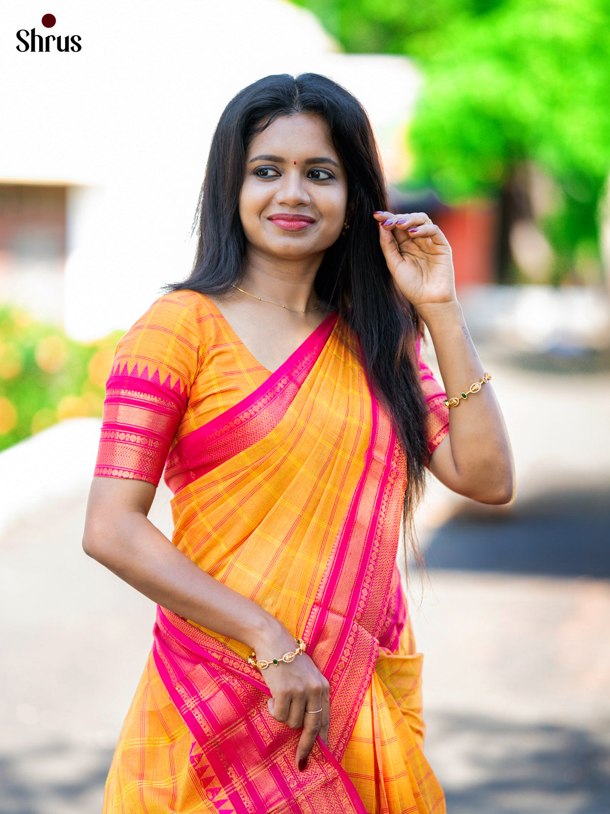 Vibrant Yellow Chettinad Cotton Saree with Pink Checks & Zari Border - Shop on Shrus.com