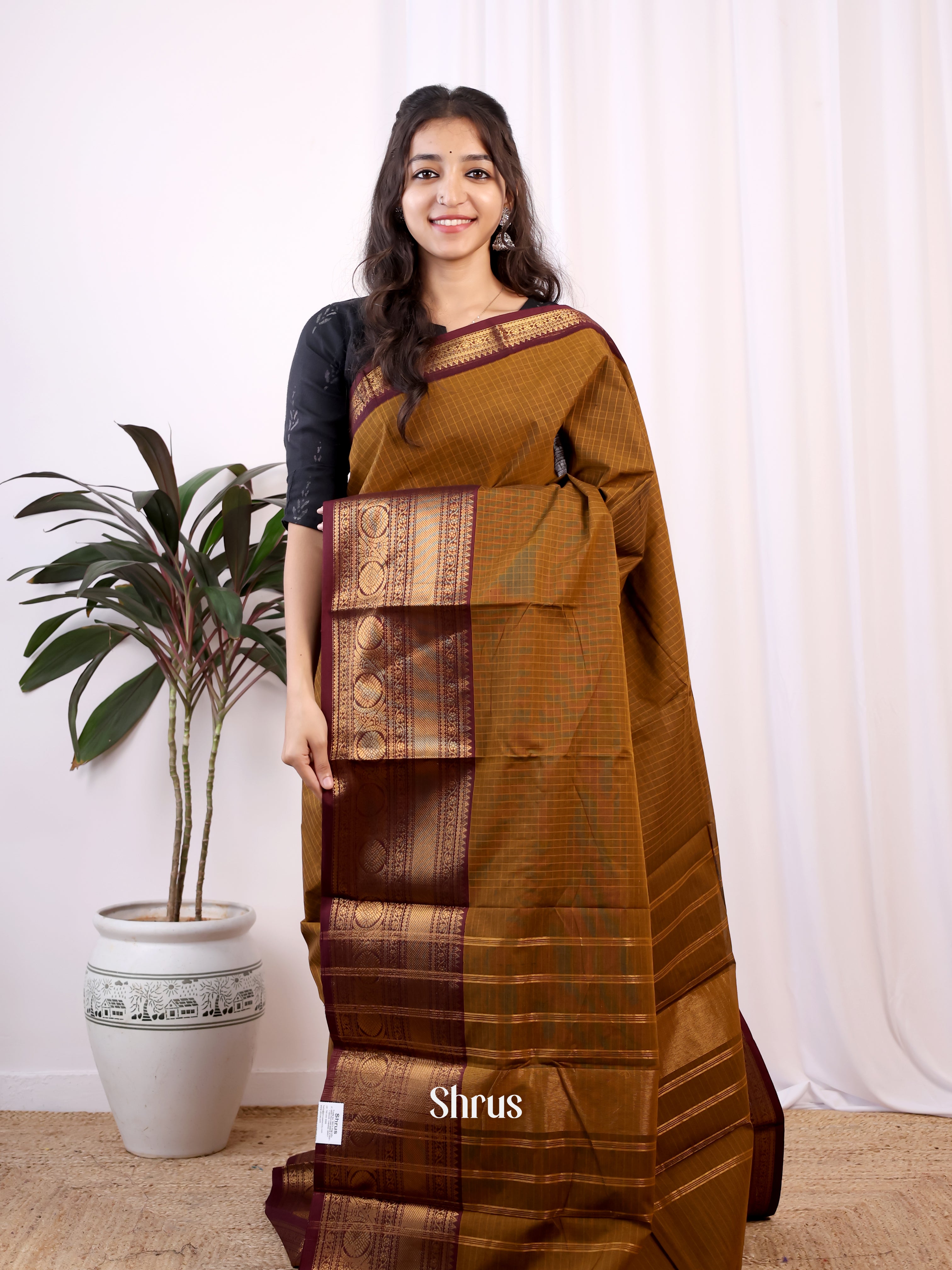 Mehandi & Brown - Chettinad Cotton Saree