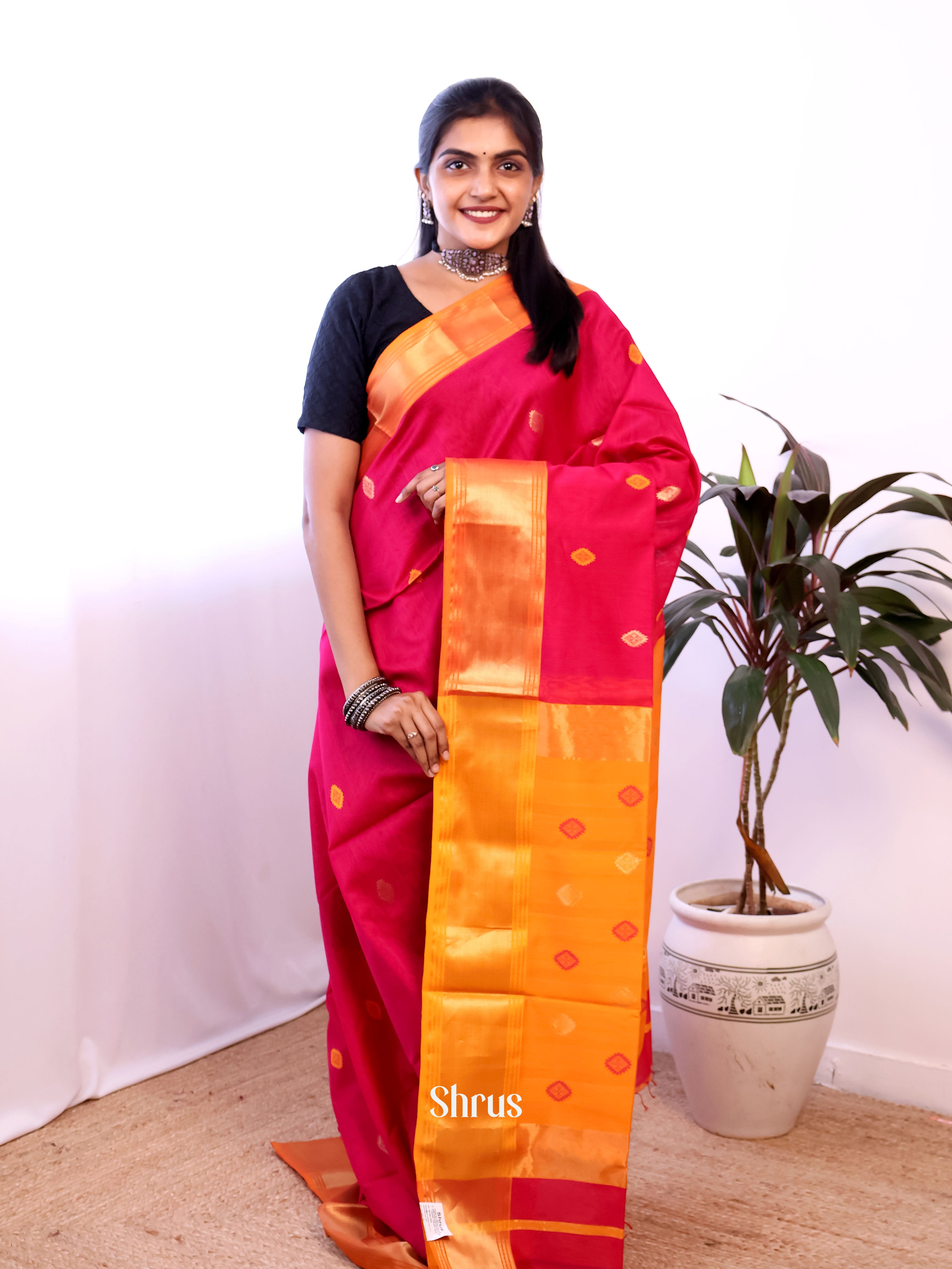 Red & Mustard - Maheshwari silkcotton Saree