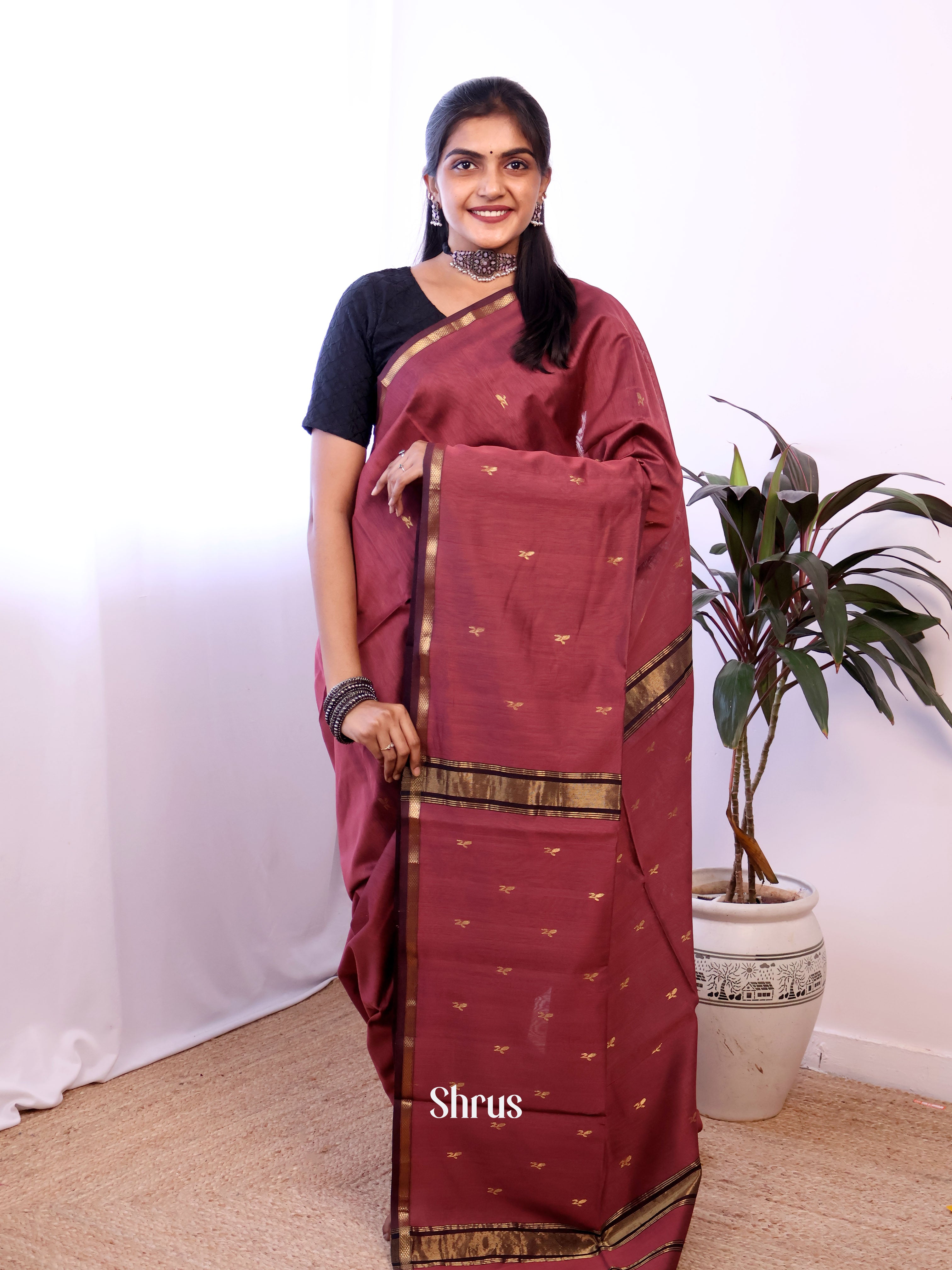 Brown - Maheshwari silkcotton Saree