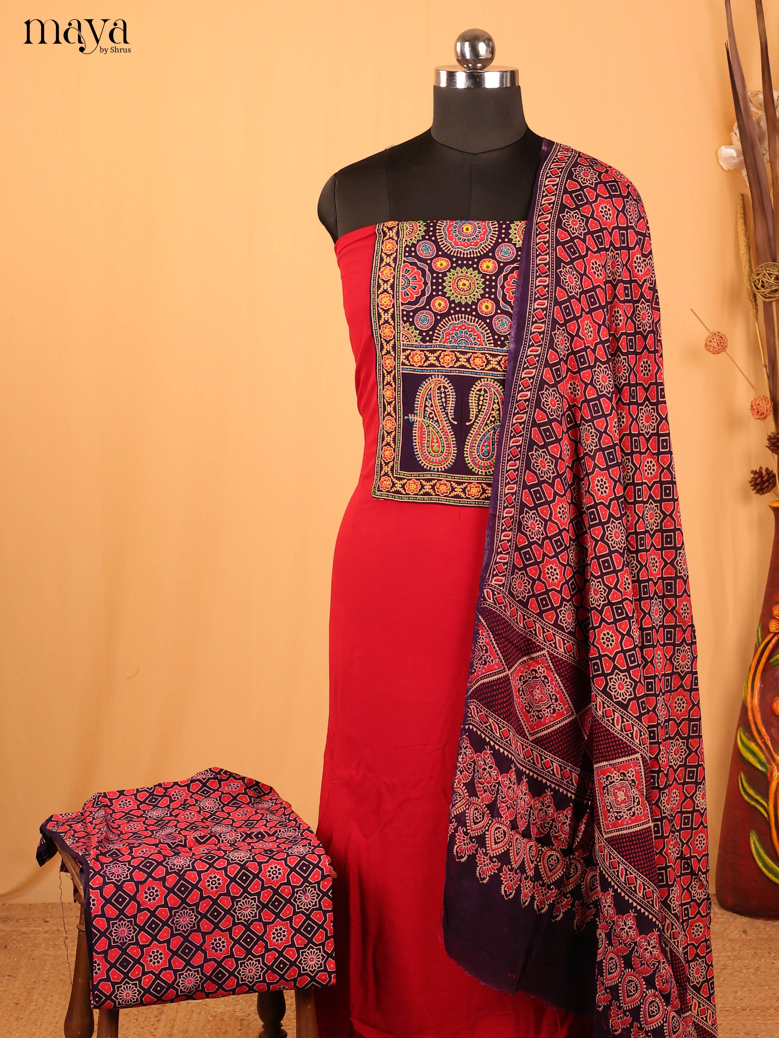 Black & Red-  Ajrakh Salwar Unstitched Top, Bottom & Dupatta - CJS07036 - Shop on Shrus.com