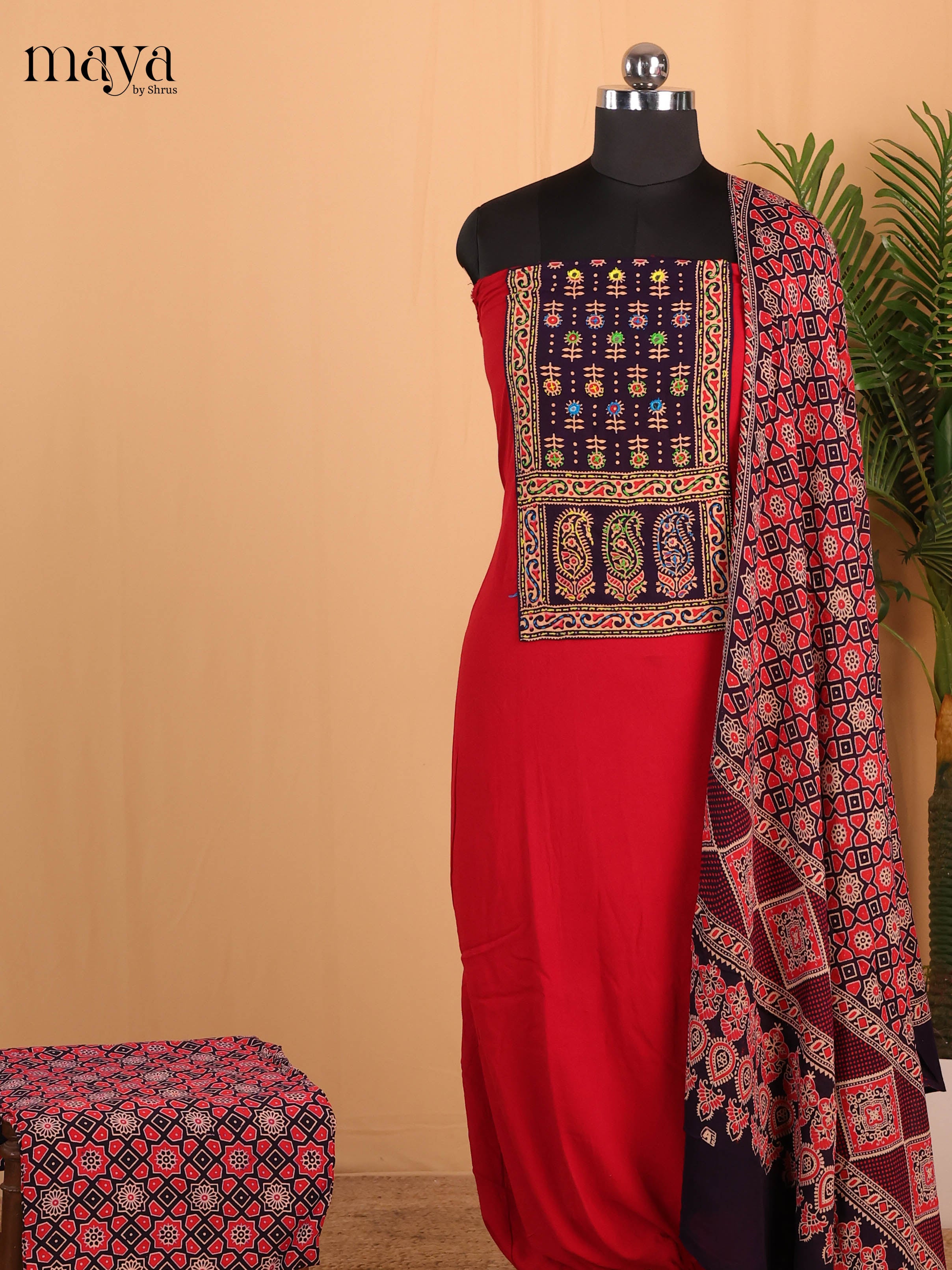 Black & Red- Ajrakh Salwar suit Top Bottom & Dupatta - CJS07045 - Shop on Shrus.com