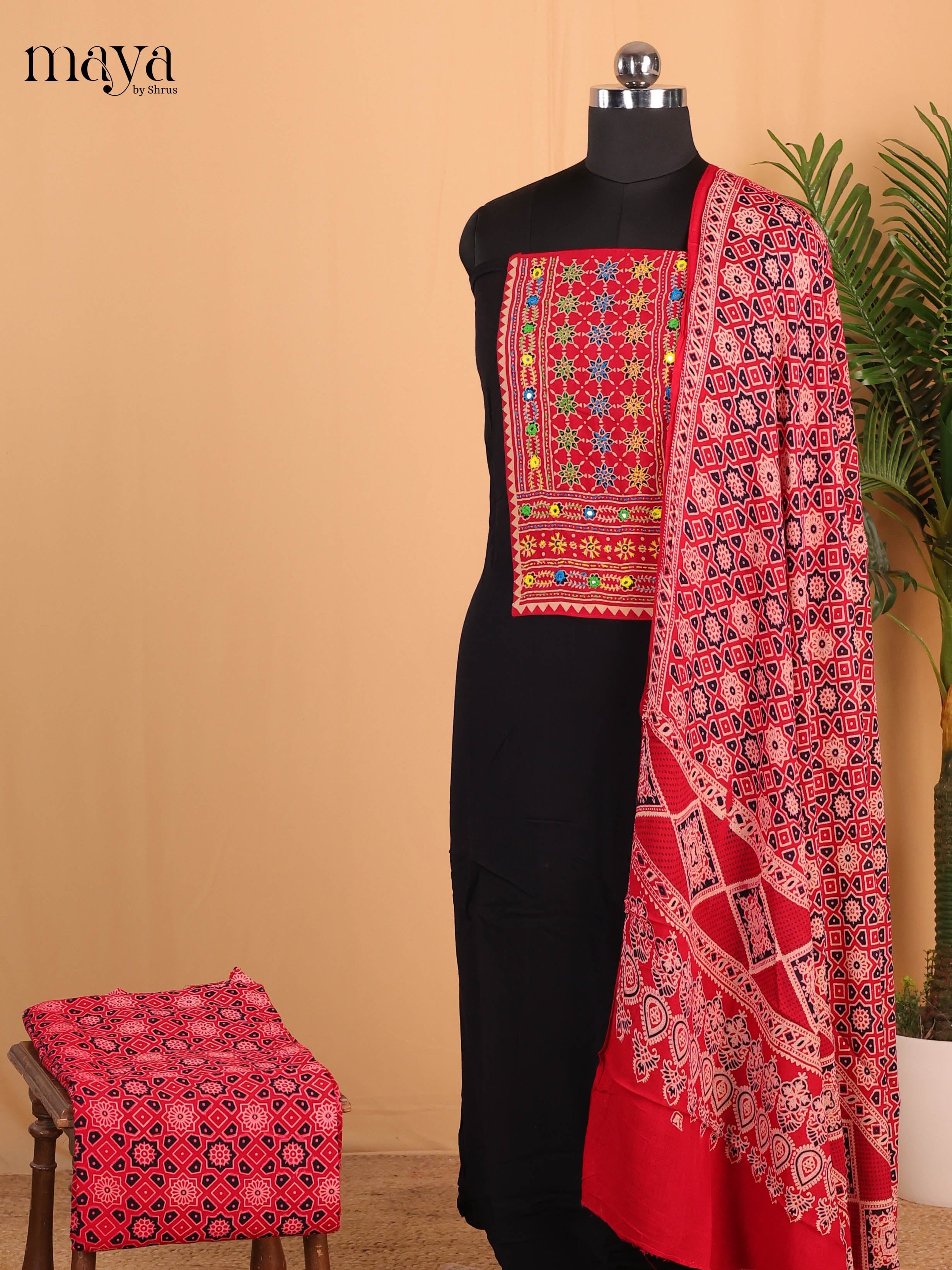 Black & Red- Ajrakh Salwar suit Top Bottom & Dupatta  - CJS07074 - Shop on Shrus.com
