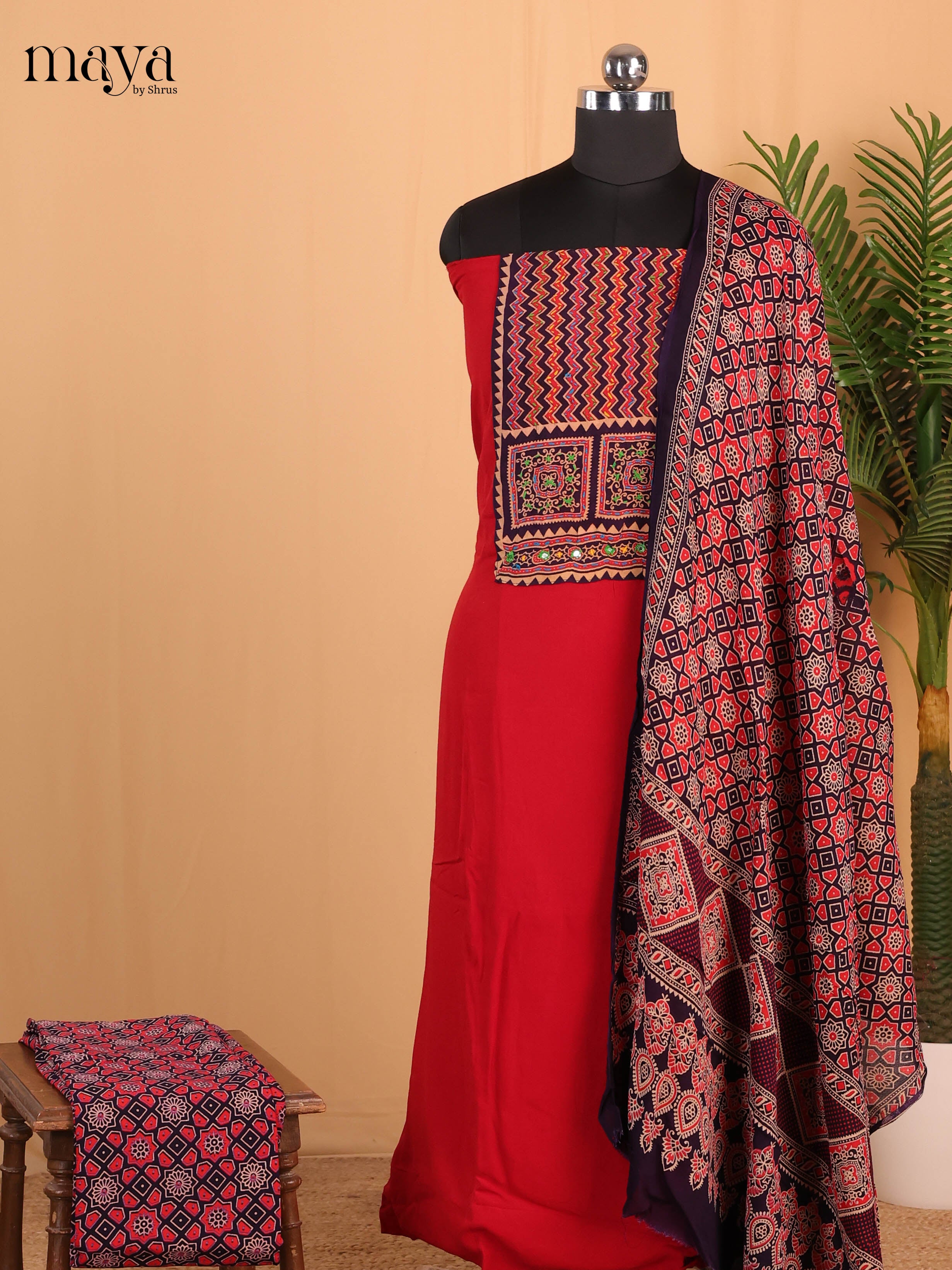Black & Red- Ajrakh Salwar suit Top Bottom & Dupatta  - CJS07082 - Shop on Shrus.com