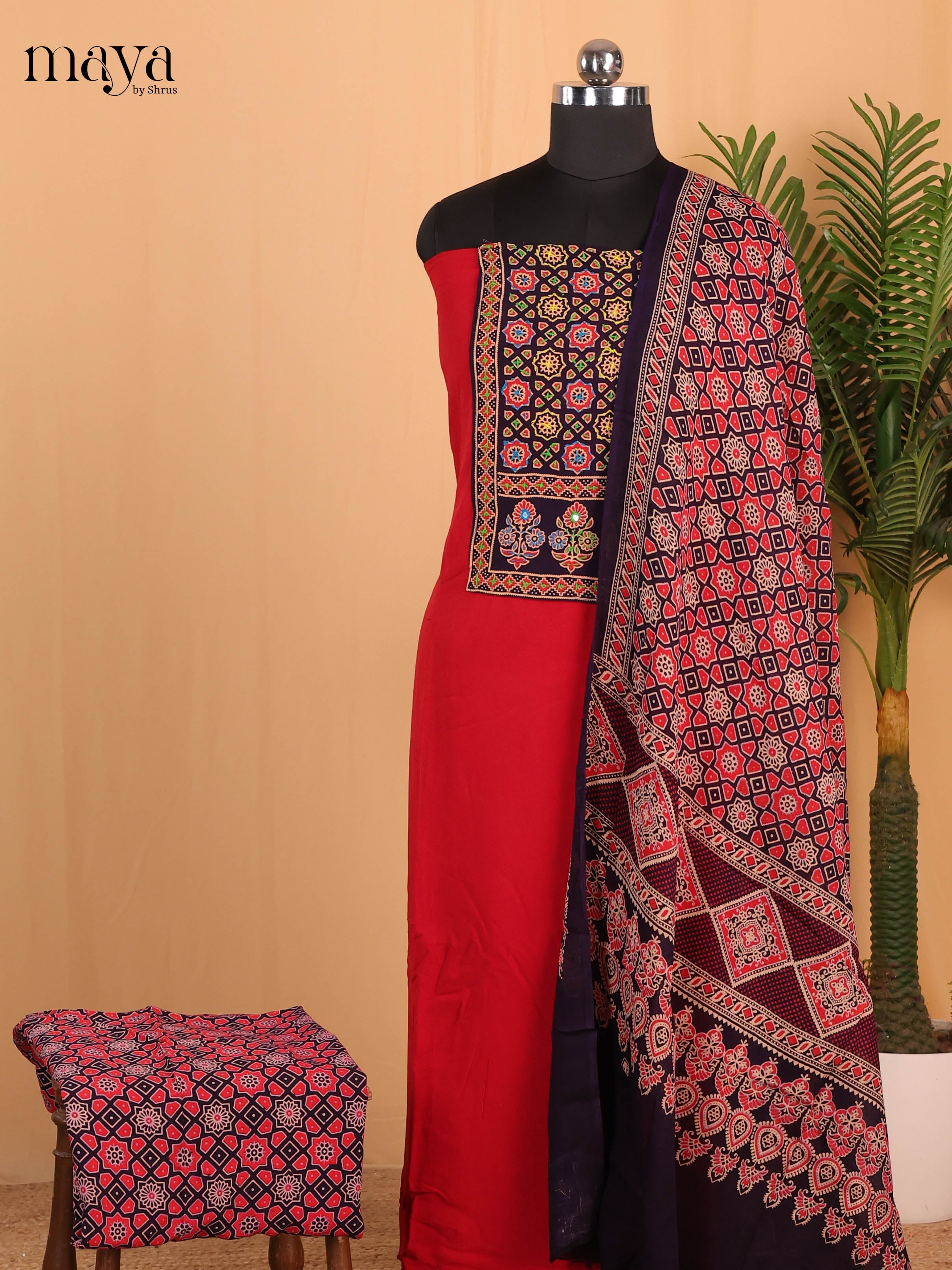 Black & Red- Ajrakh Salwar suit Top Bottom & Dupatta  - CJS07089 - Shop on Shrus.com