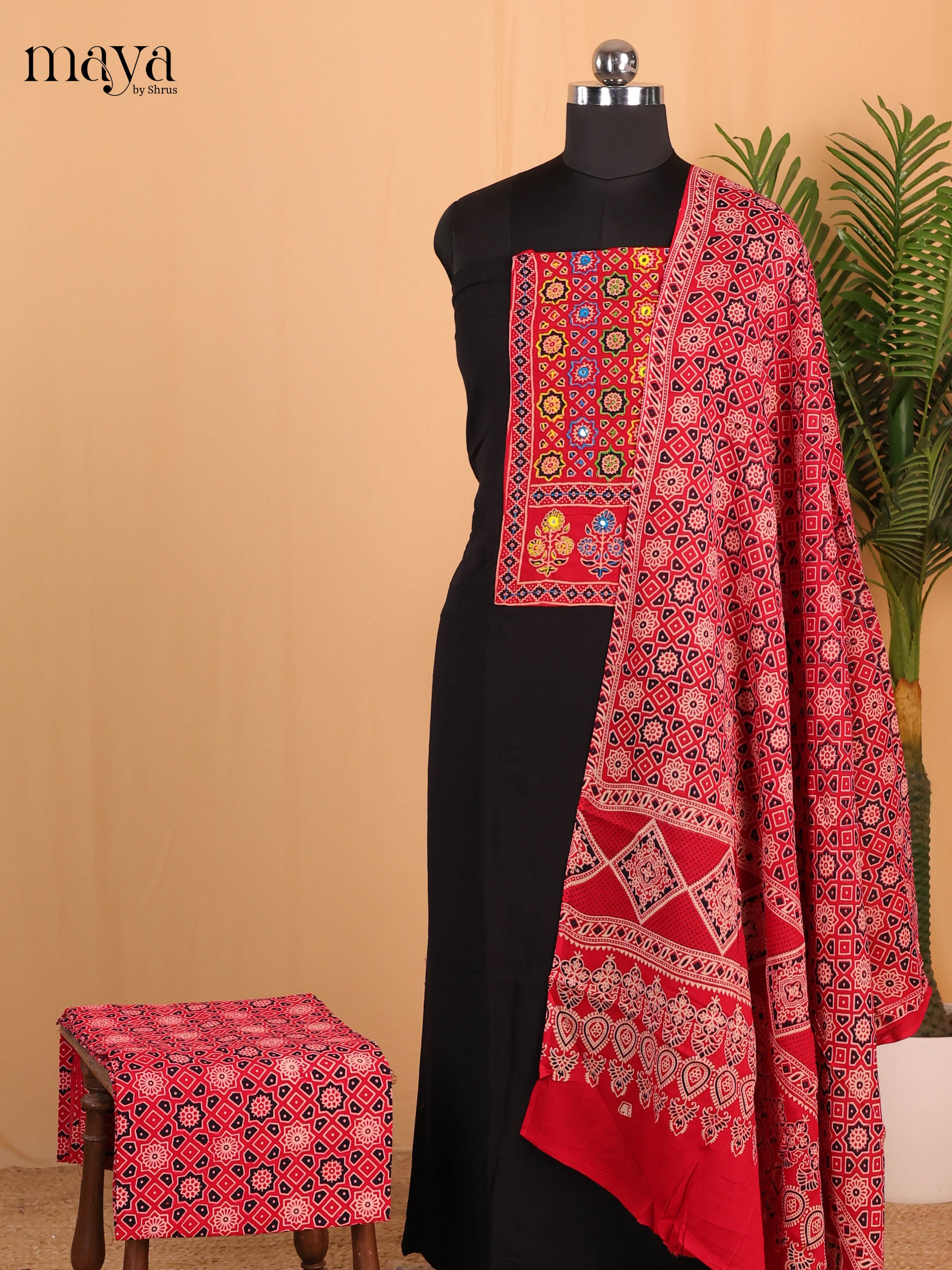 Black & Red- Ajrakh Salwar suit Top Bottom & Dupatta  - CJS07101 - Shop on Shrus.com