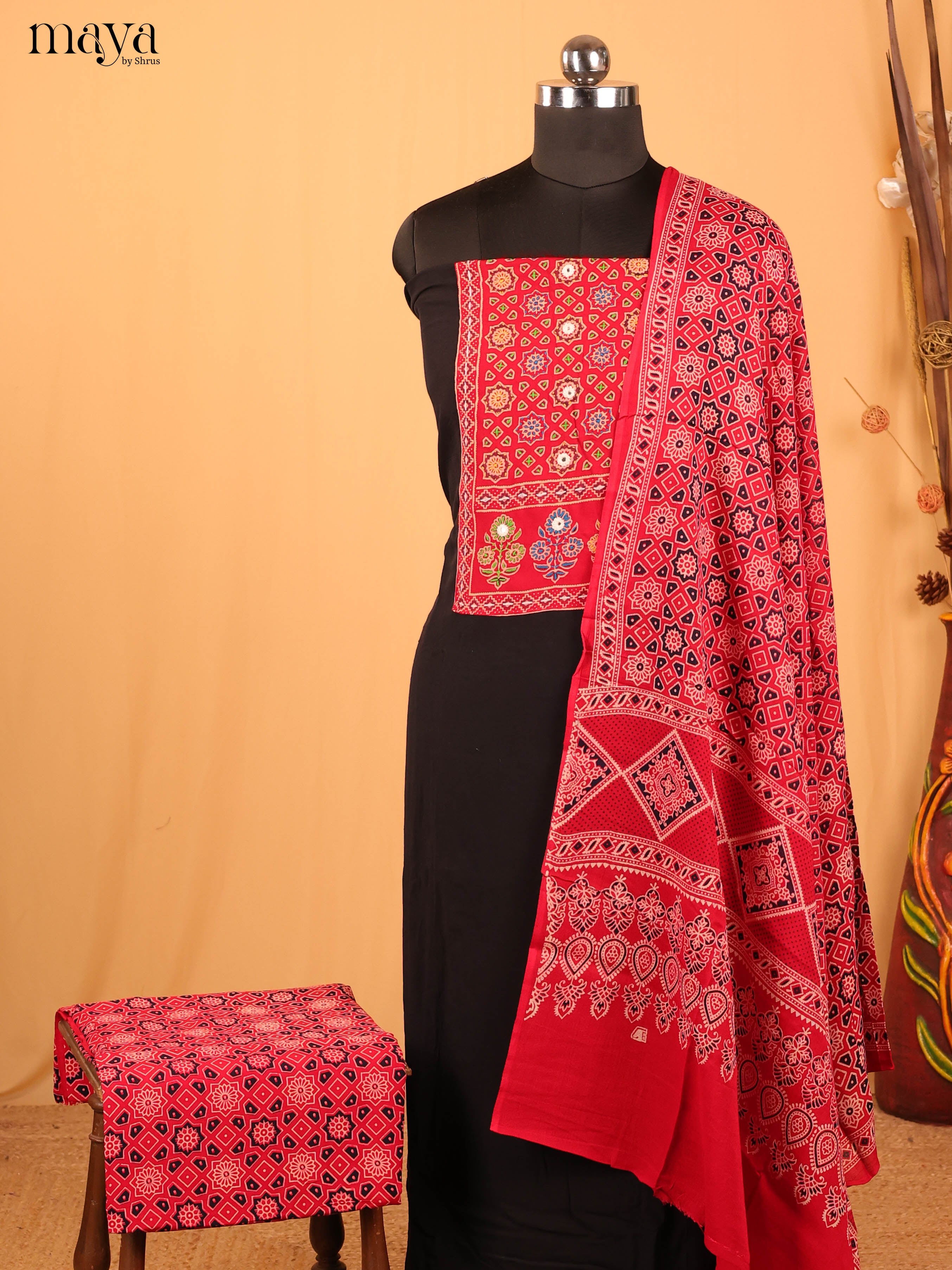 Black & Red Ajrakh Salwar Unstitched Top, Bottom & Dupatta - CJS07160 - Shop on Shrus.com
