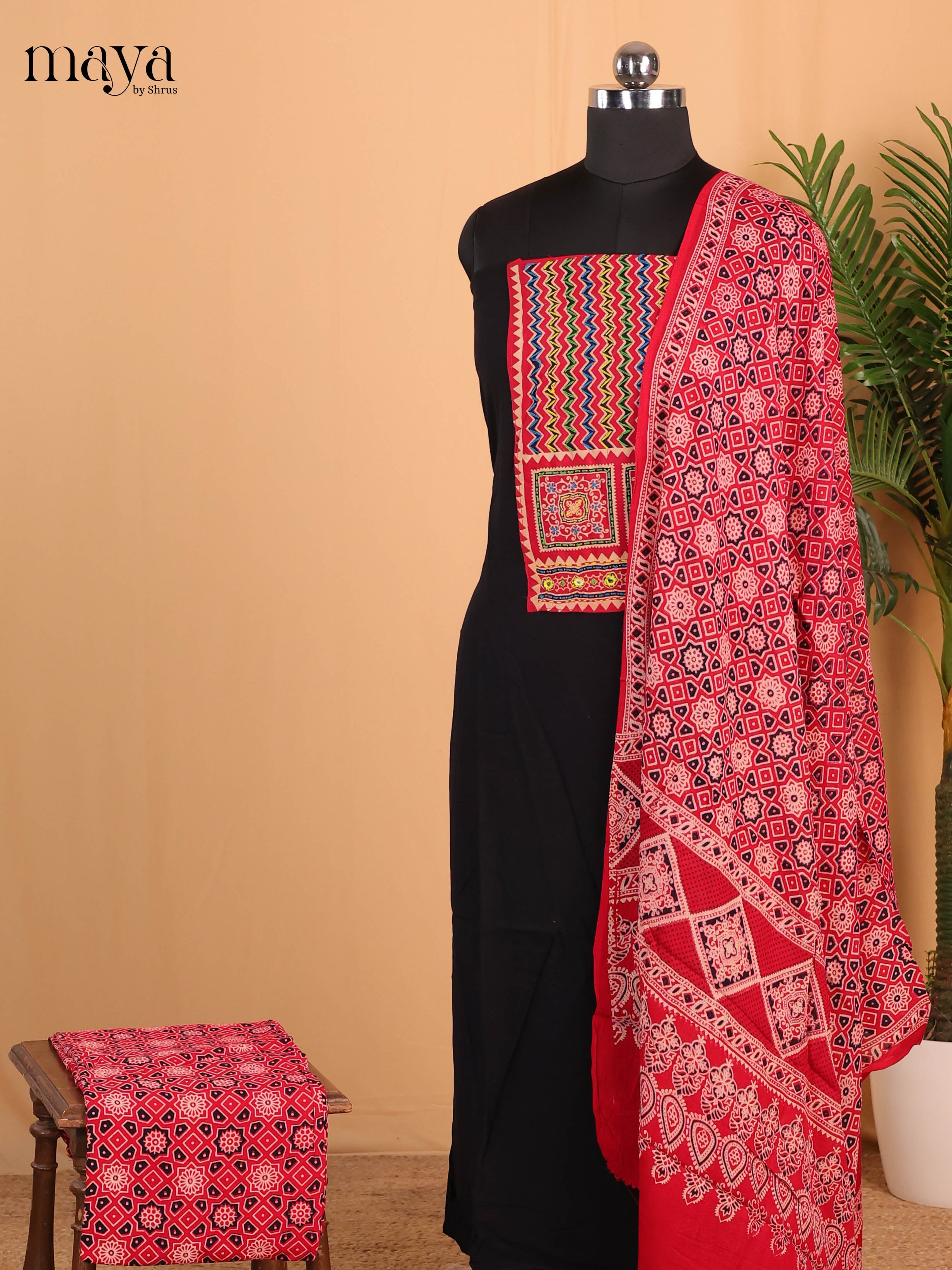 Black & Red- Ajrakh Salwar suit Top Bottom & Dupatta  - CJS07161 - Shop on Shrus.com