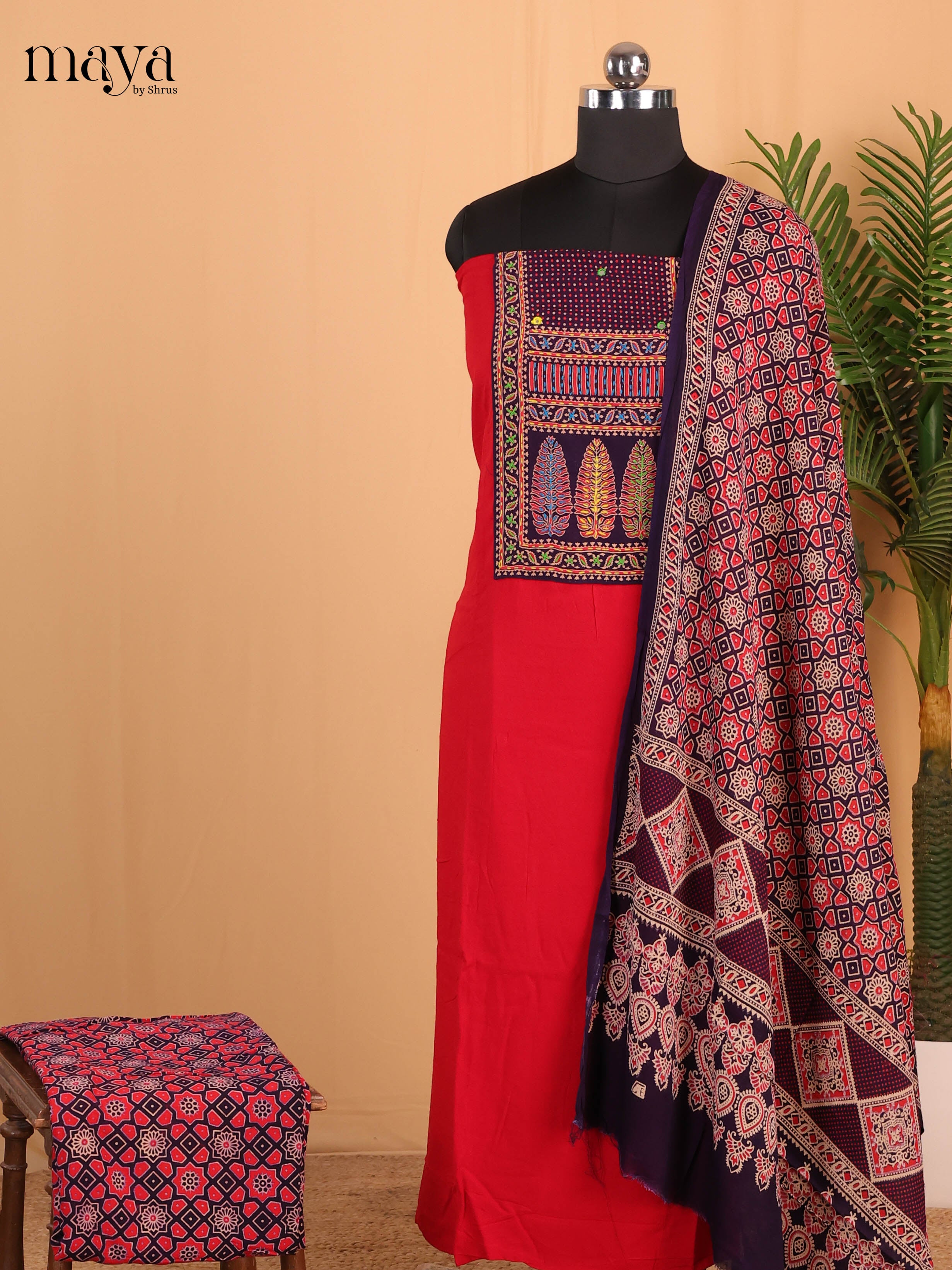 Black & Red- Ajrakh Salwar suit Top Bottom & Dupatta  - CJS07197 - Shop on Shrus.com