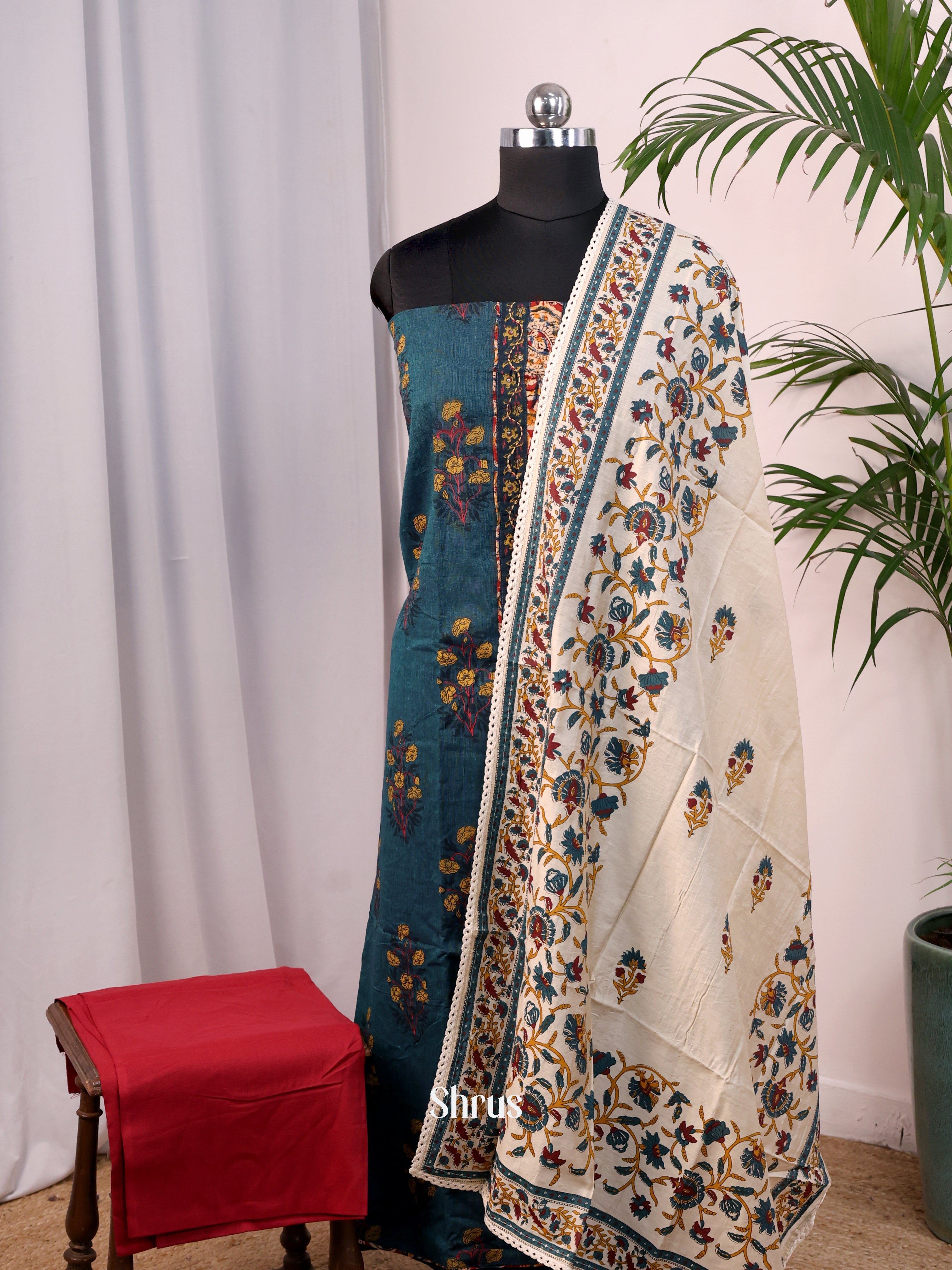 Peacock Blue & Red - Cotton salwar