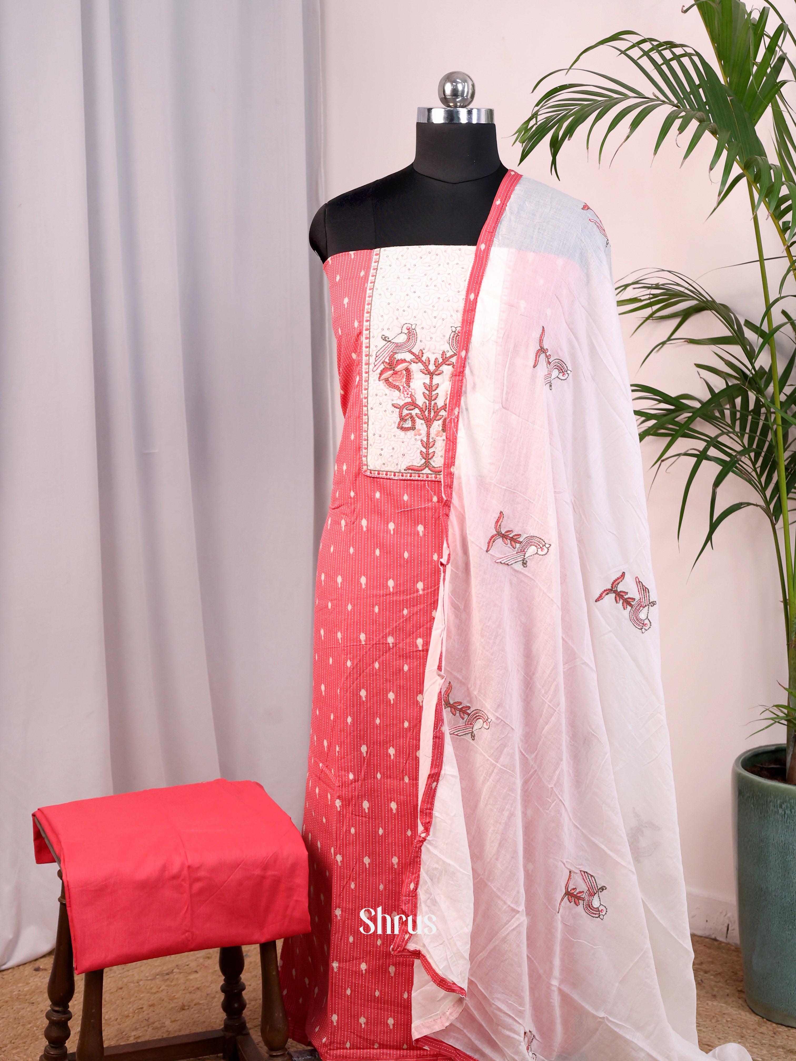 Reddish Pink &  white - Cotton salwar