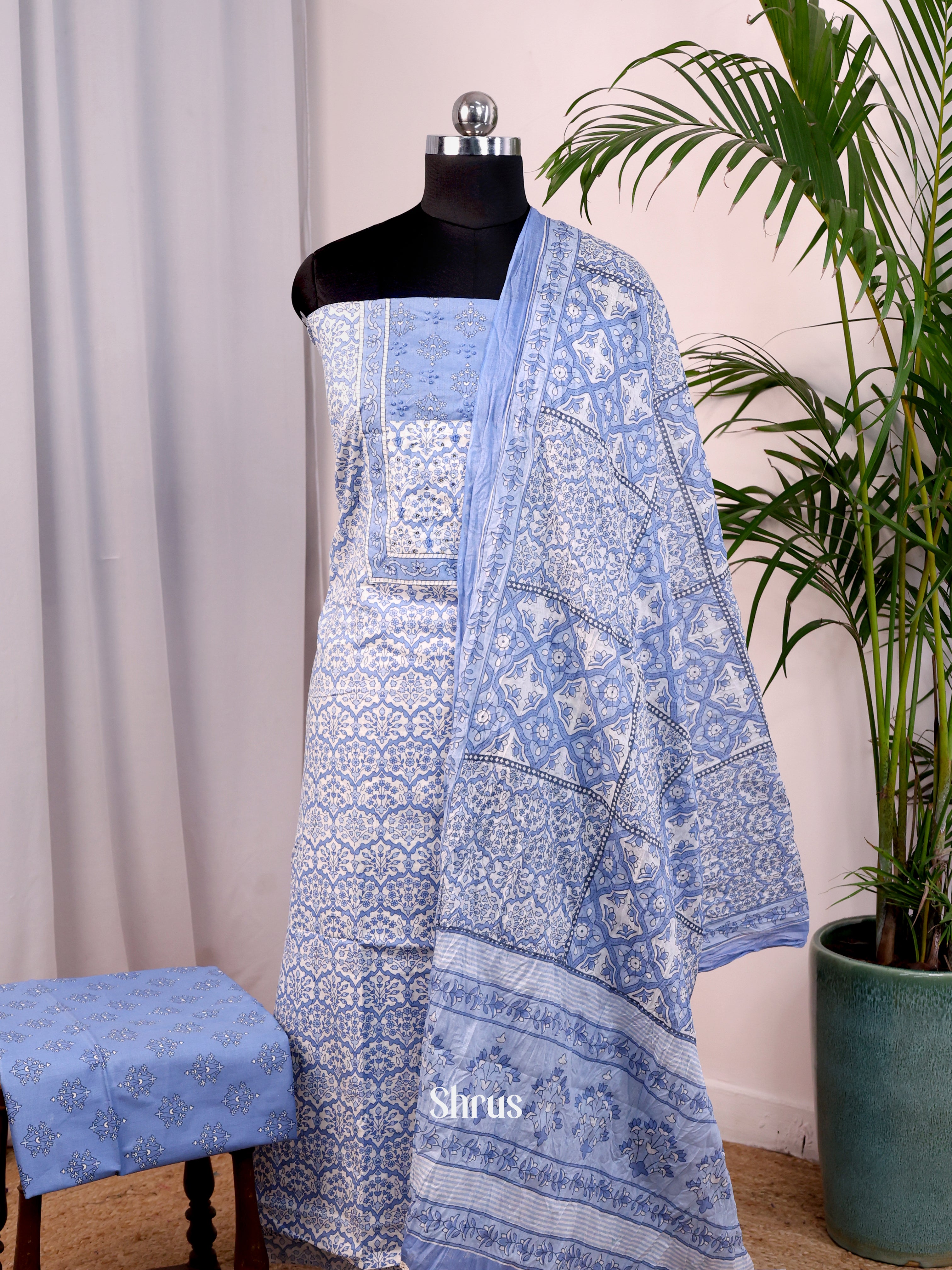 Cream & Blue-  Cotton salwar