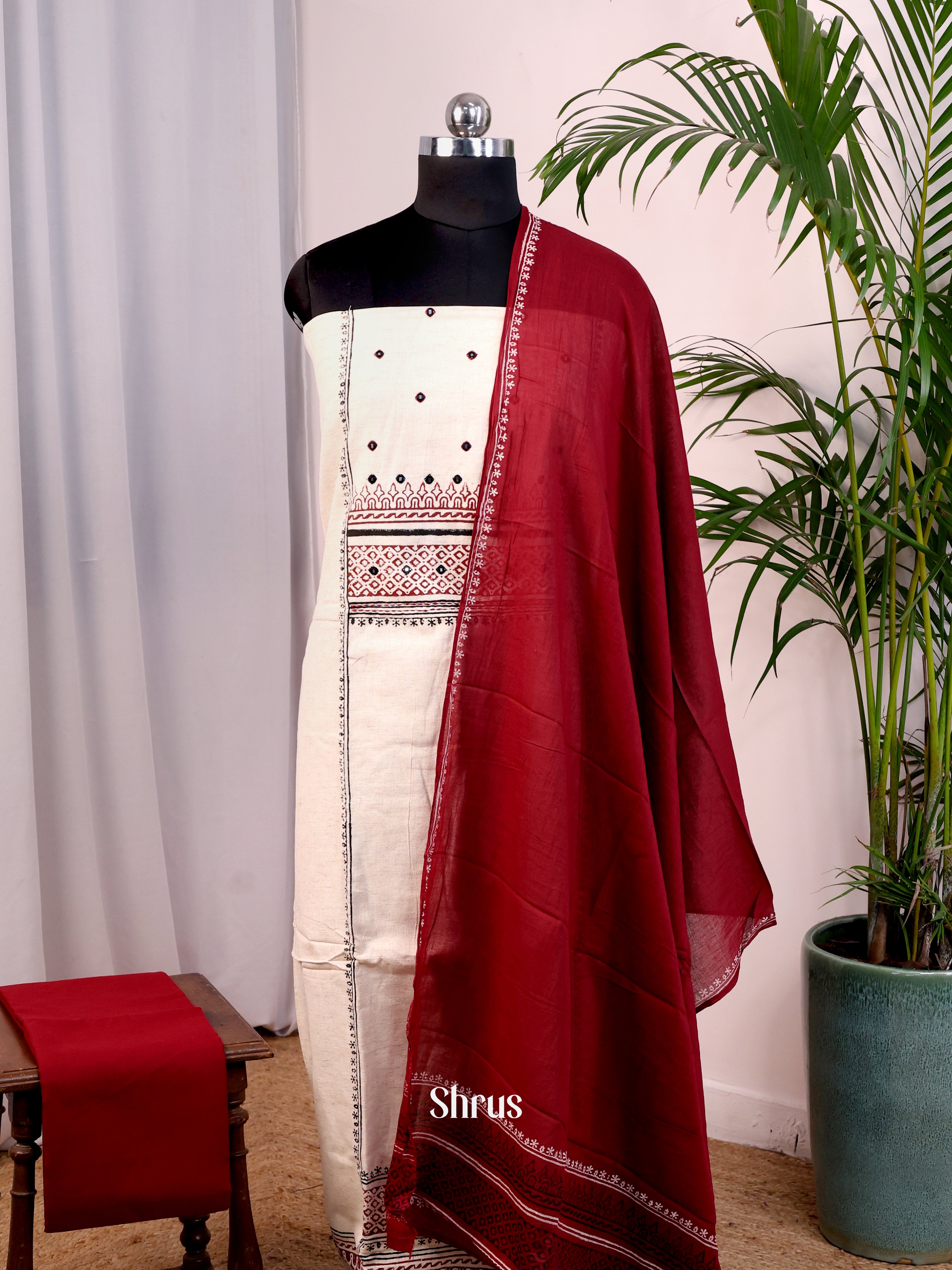 Cream & Maroon - Cotton salwar