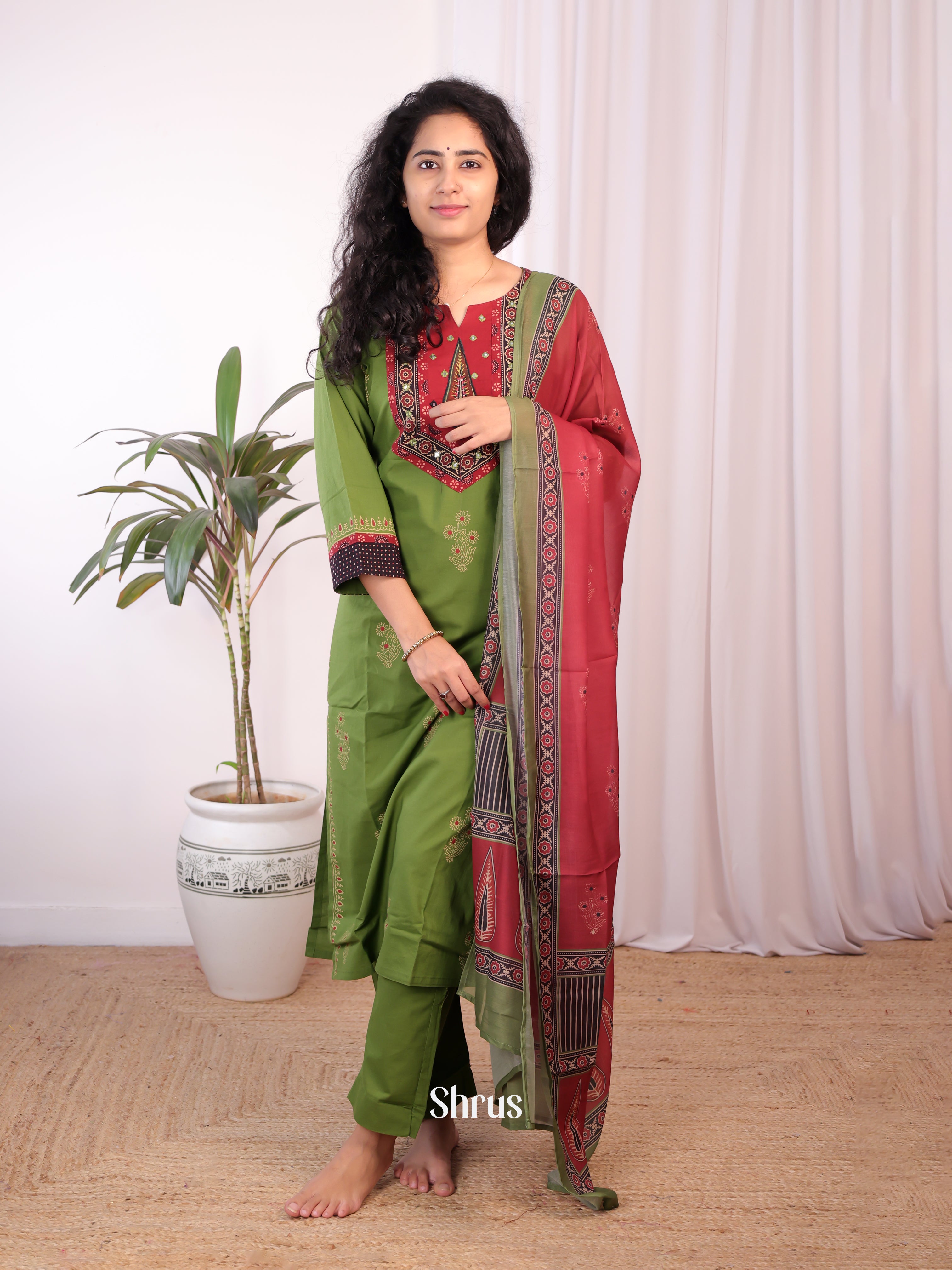 Green & Red - Ajrakh 3pc Readymade Suits