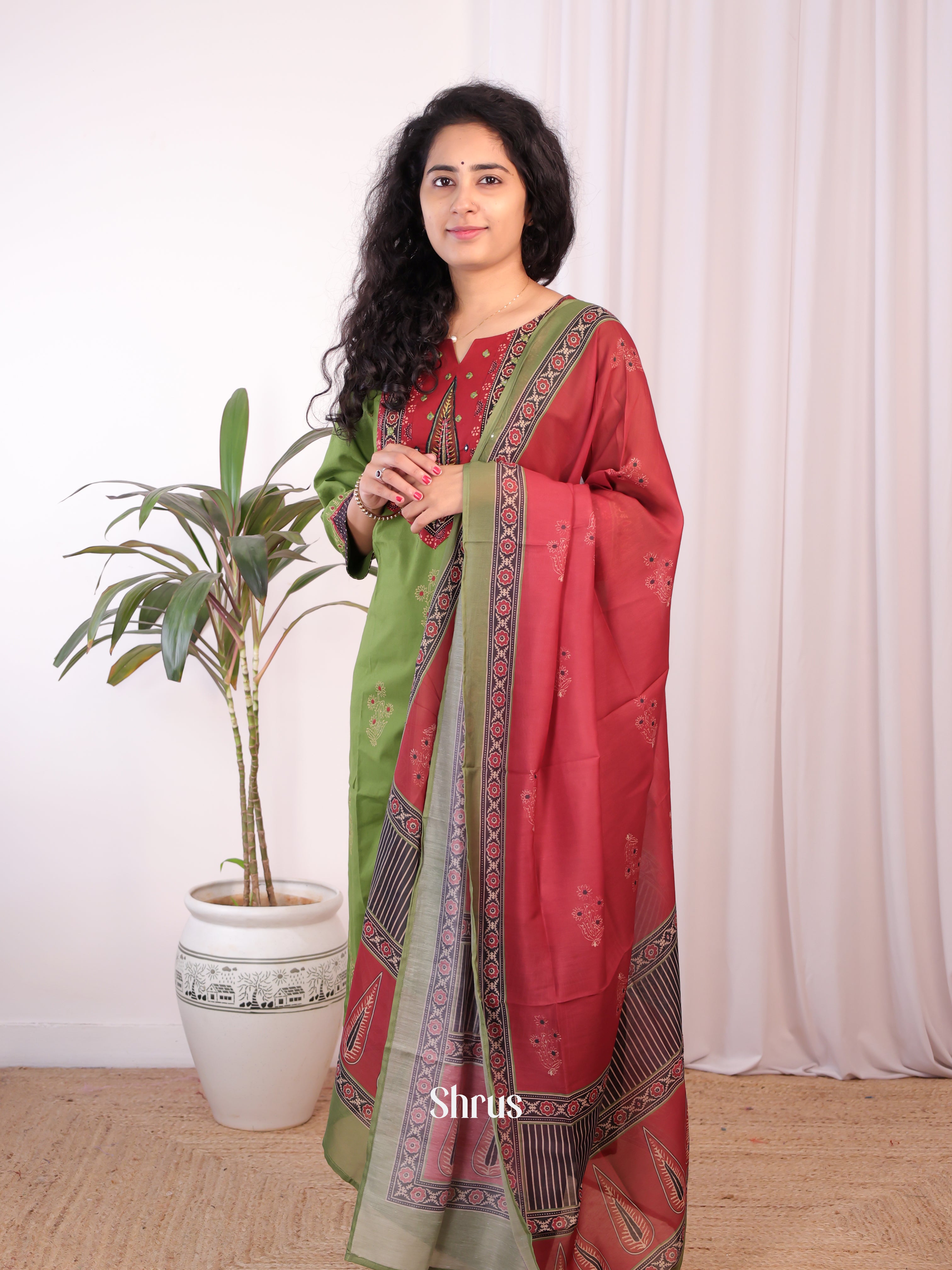 Green & Red - Ajrakh 3pc Readymade Suits