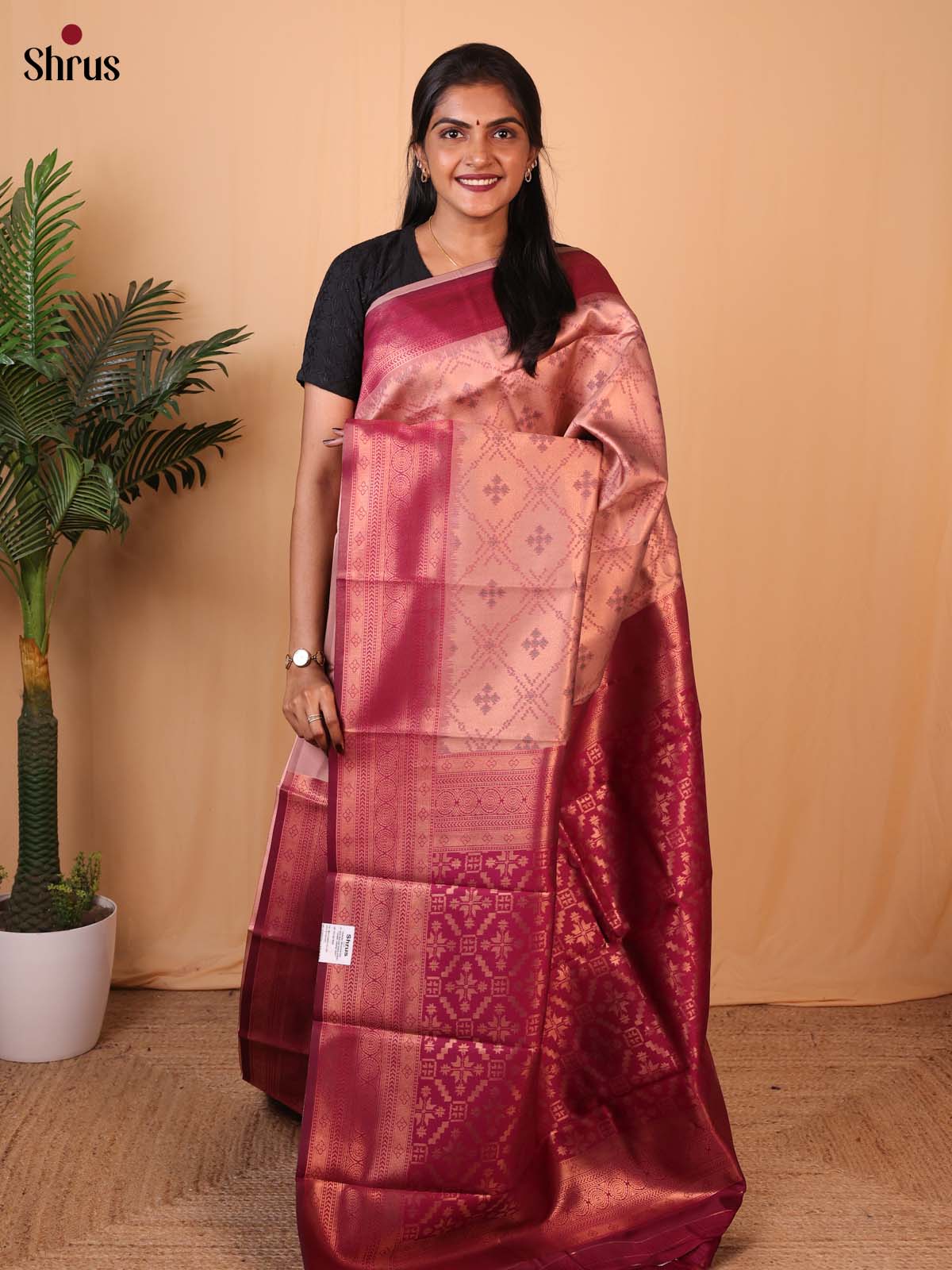 Peach & Maroon - Semi Softsilk Saree