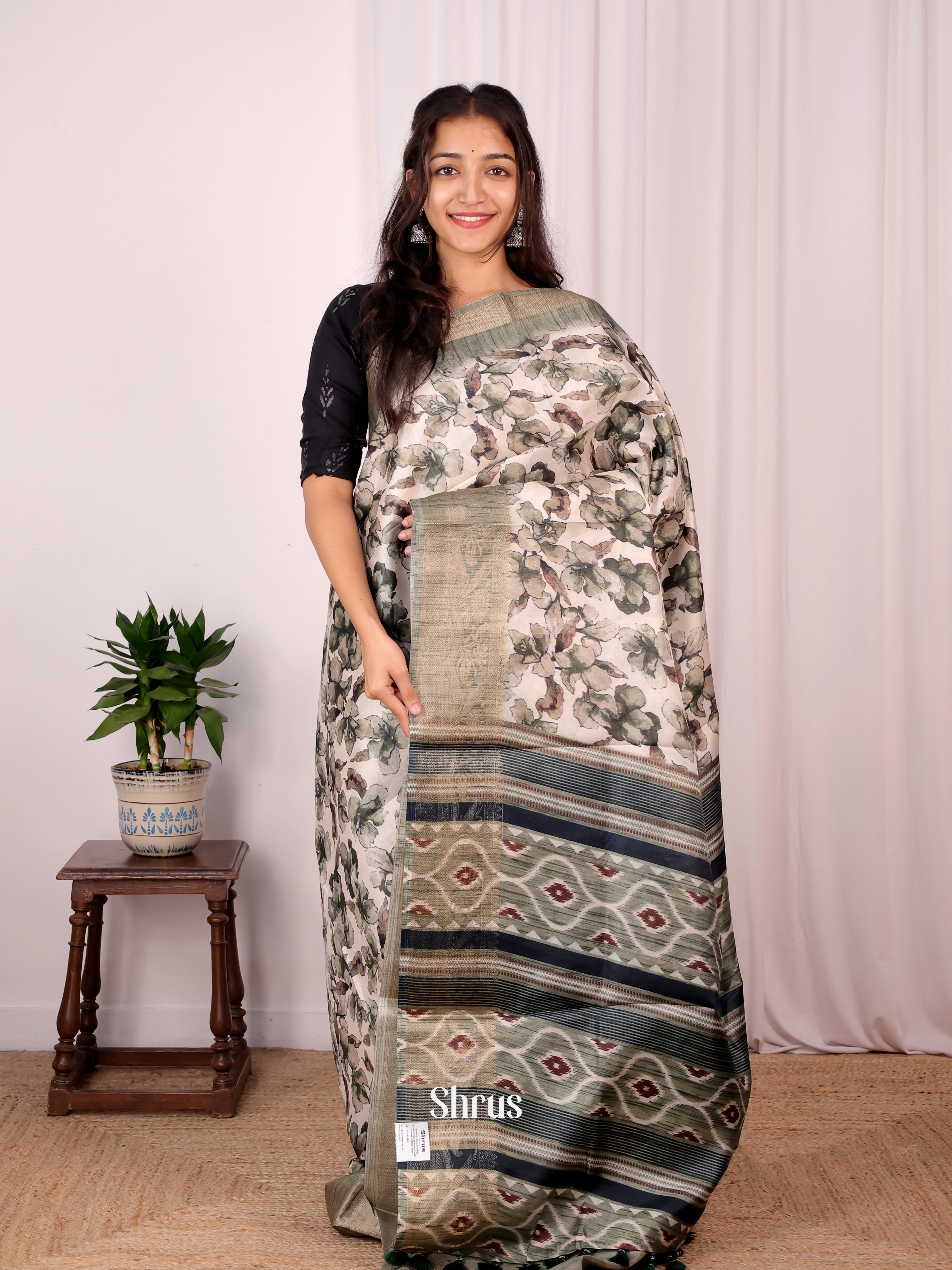 Cream & Green - Semi Dupion Saree