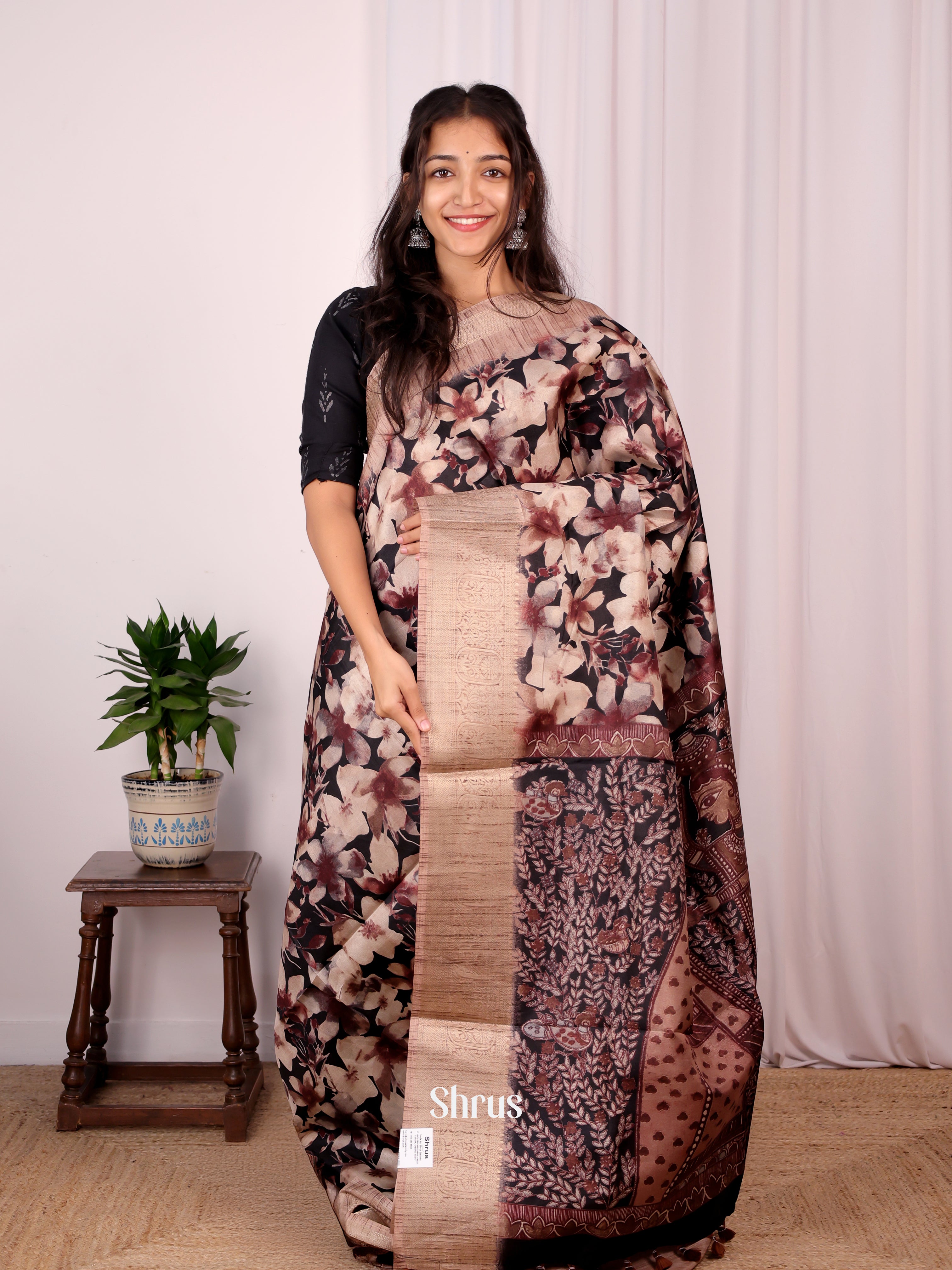 Black & Brown - Semi Dupion Saree - Shop on Shrus.com