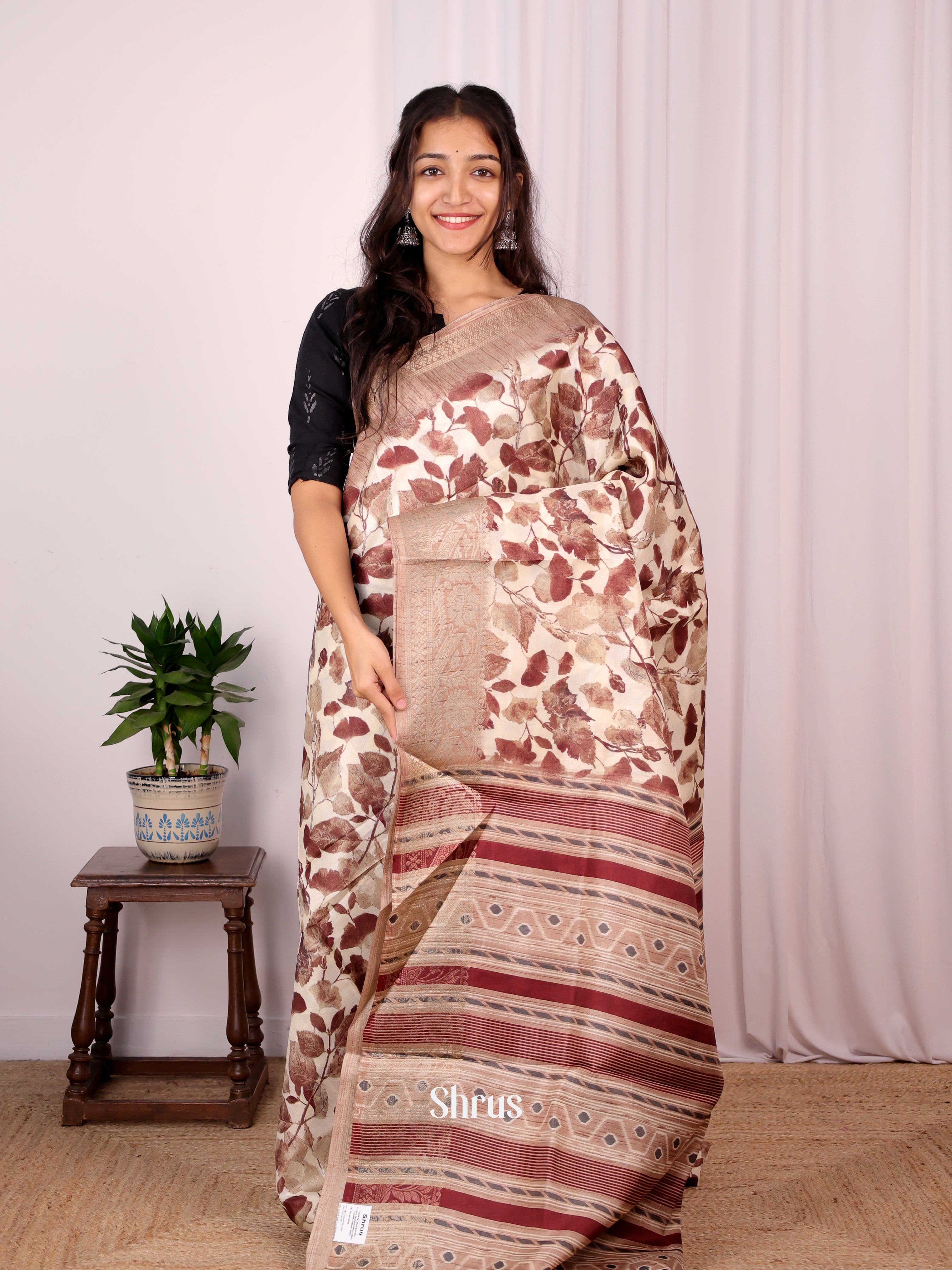 Cream & Brown - Semi Dupion Saree