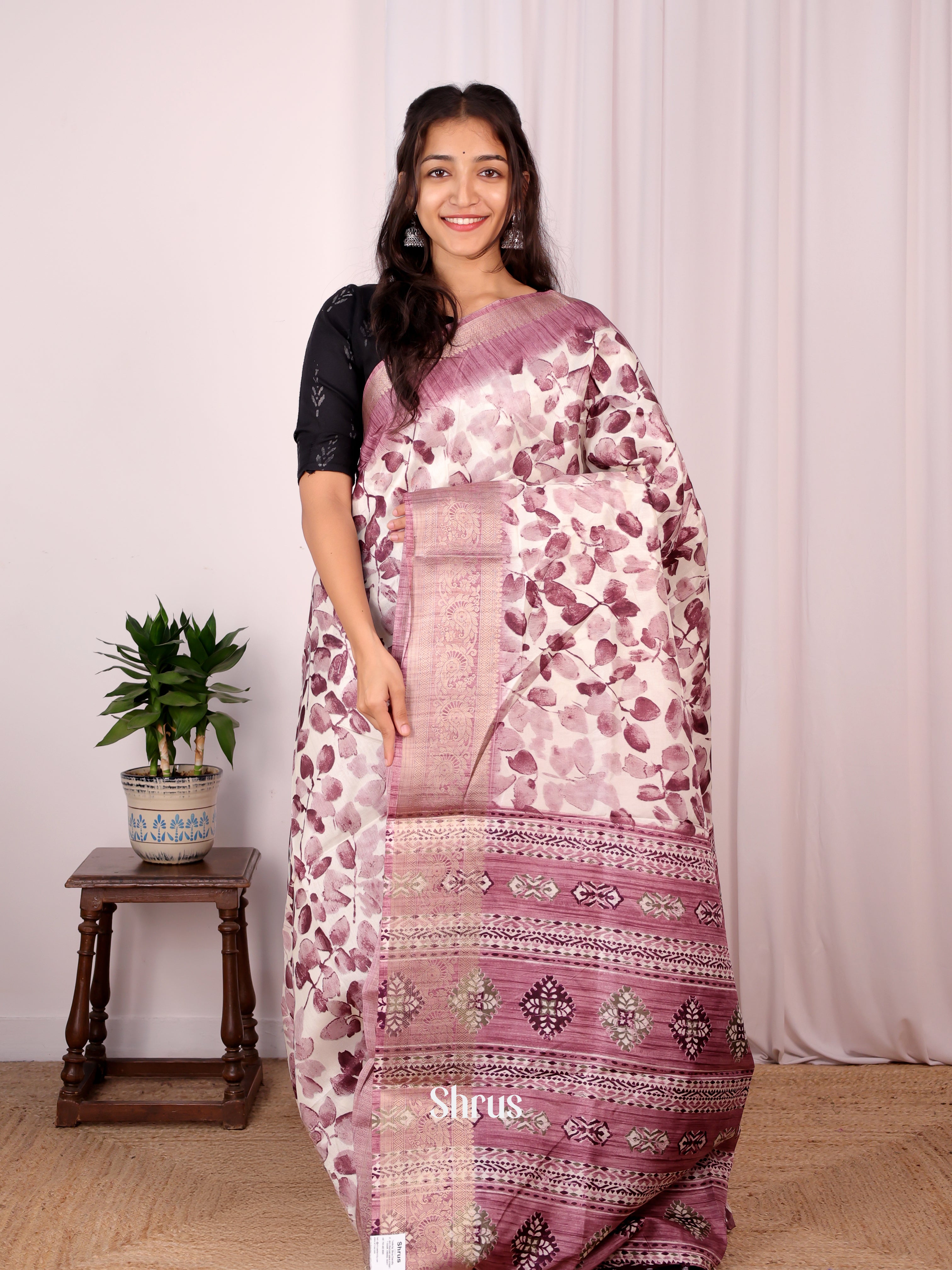 Cream & Purple - Semi Dupion Saree - Shop on Shrus.com