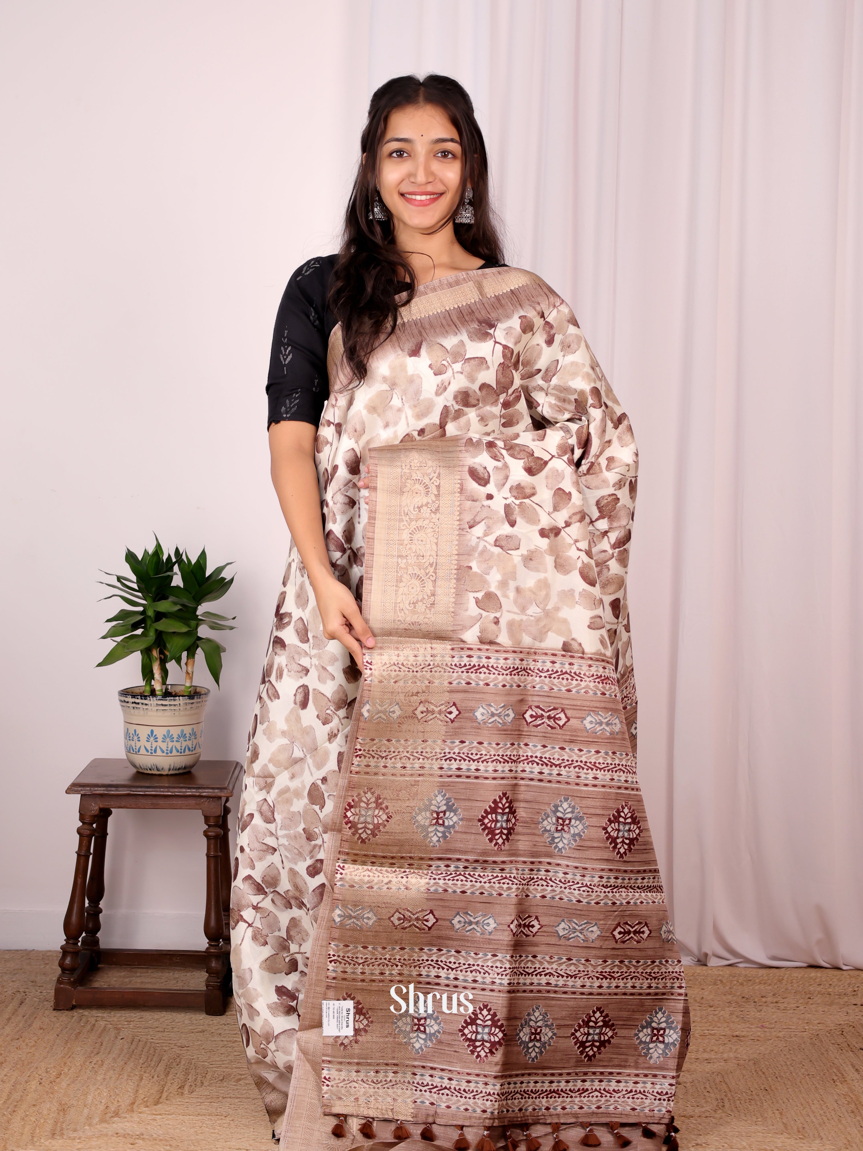 Cream & Brown - Semi Dupion Saree