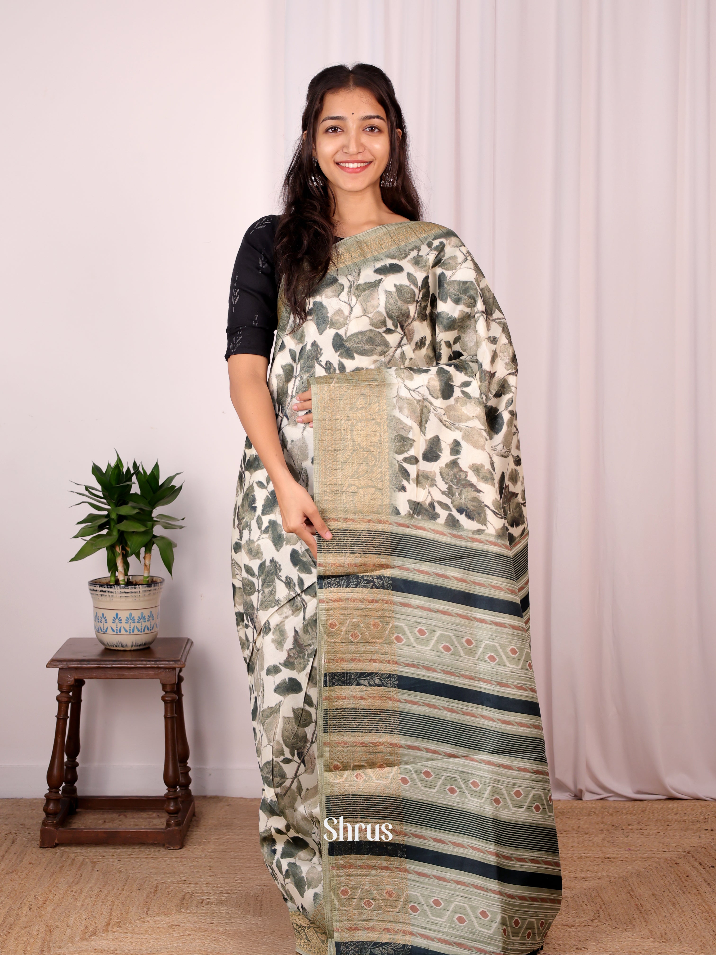 Cream & Lite Green - Semi Dupion Saree