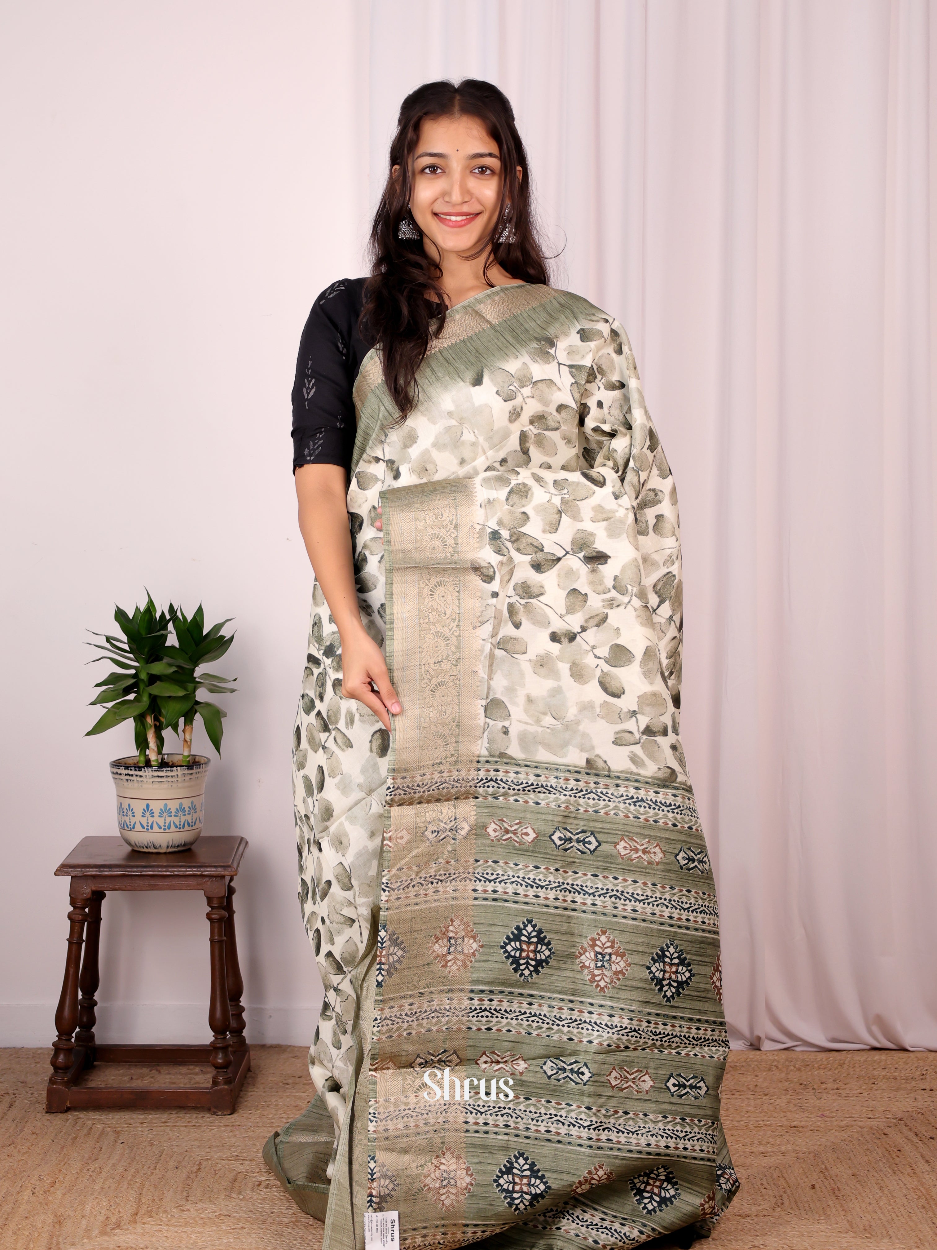 Cream & Green - Semi Dupion Saree