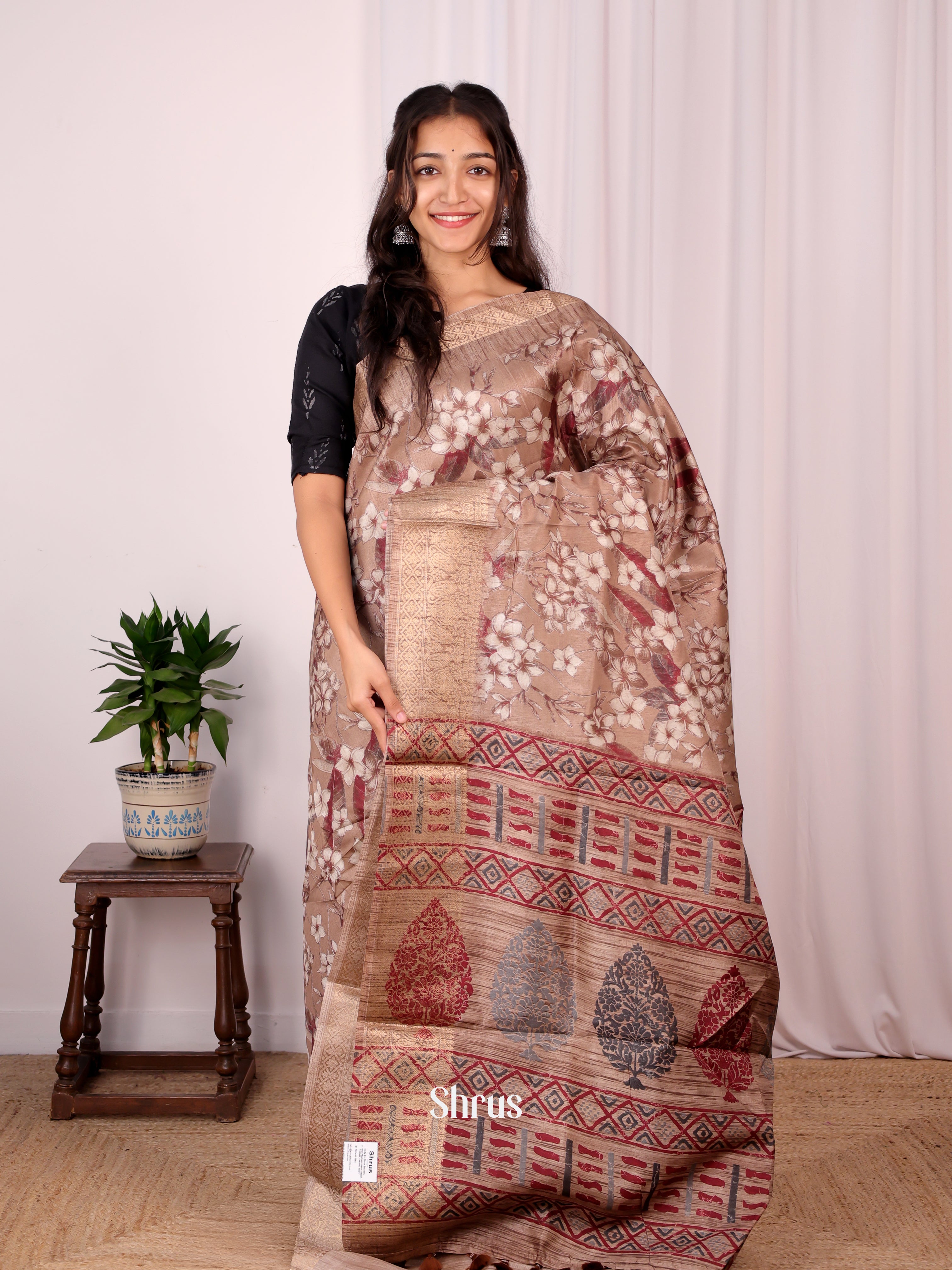 Brown - Semi Dupion Saree