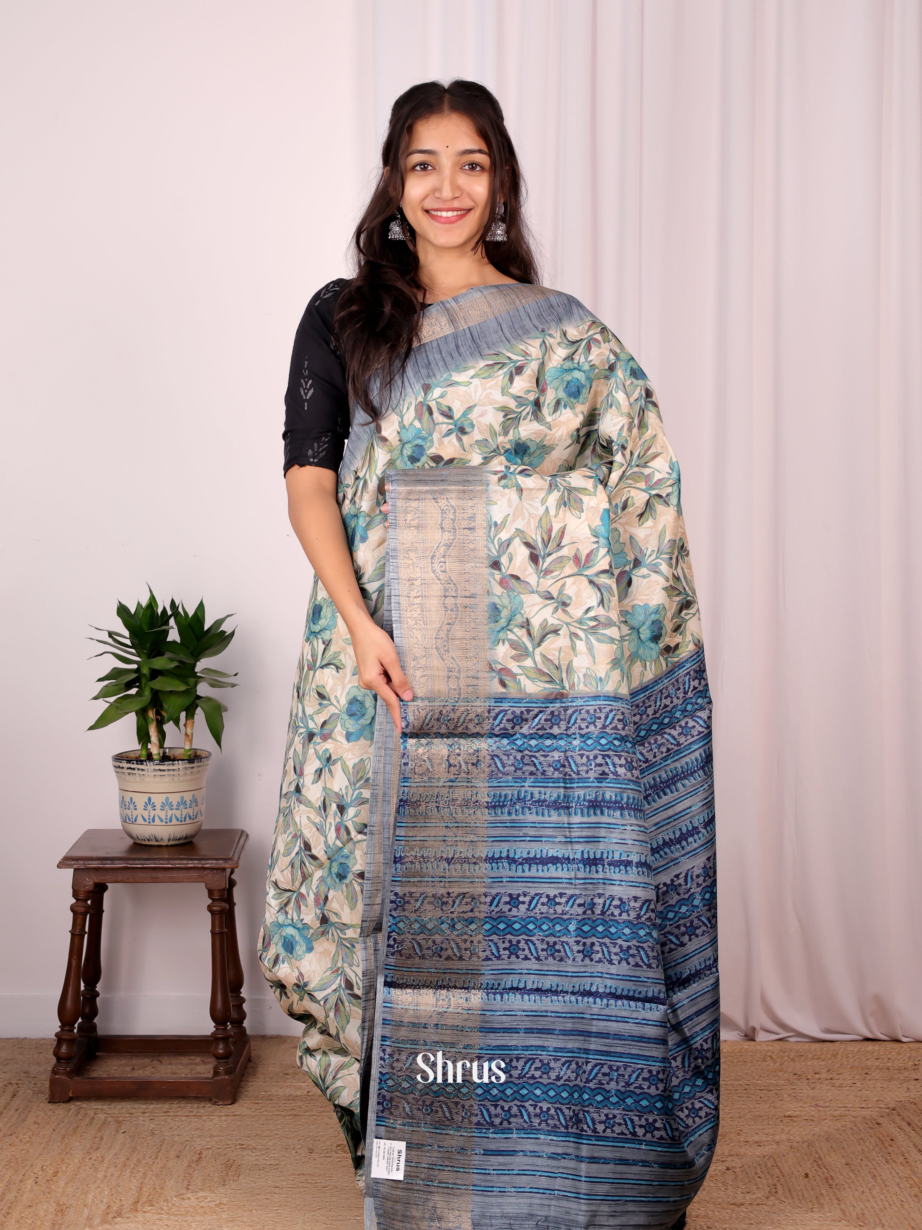 Cream & Blue - Semi Dupion Saree