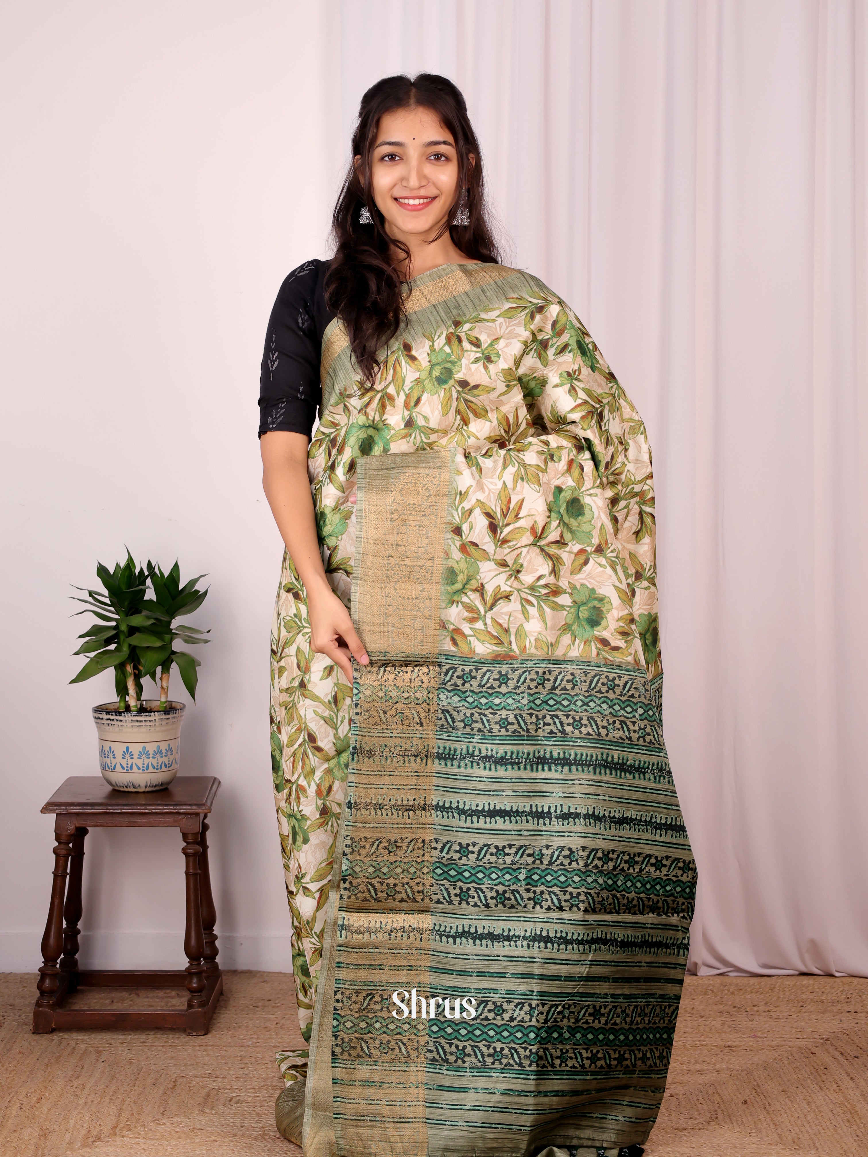 Cream & Green - Semi Dupion Saree