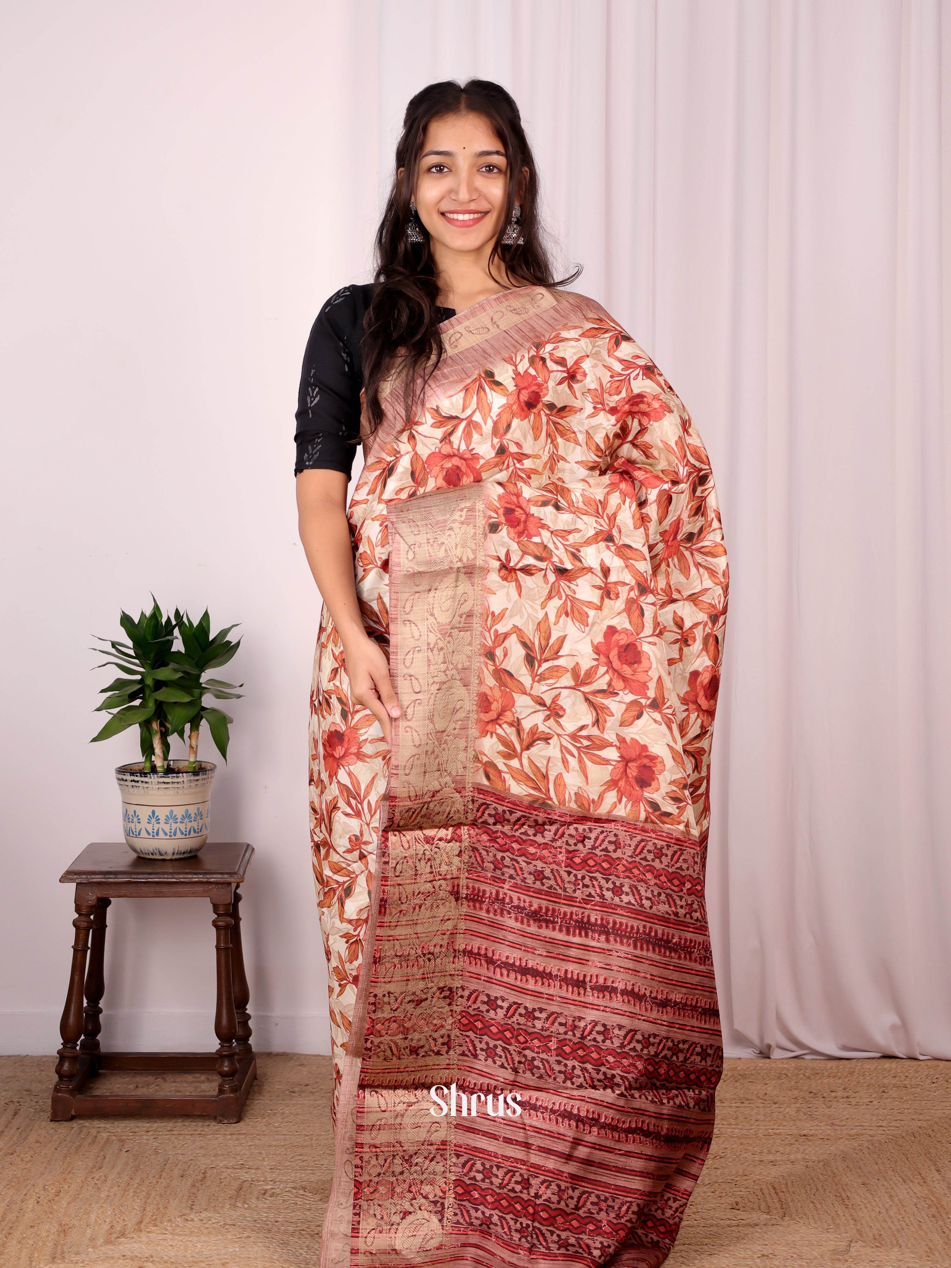 cream & Brown - Semi Dupion Saree